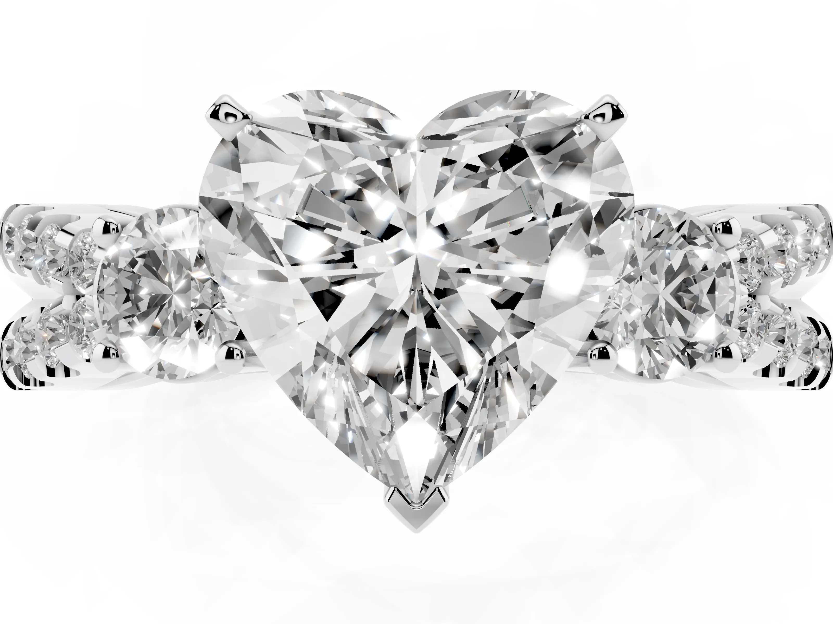 Heart Cut Diamond Three-Stone Ring Set in Platinum with Pavé Split Shank and Prong Setting