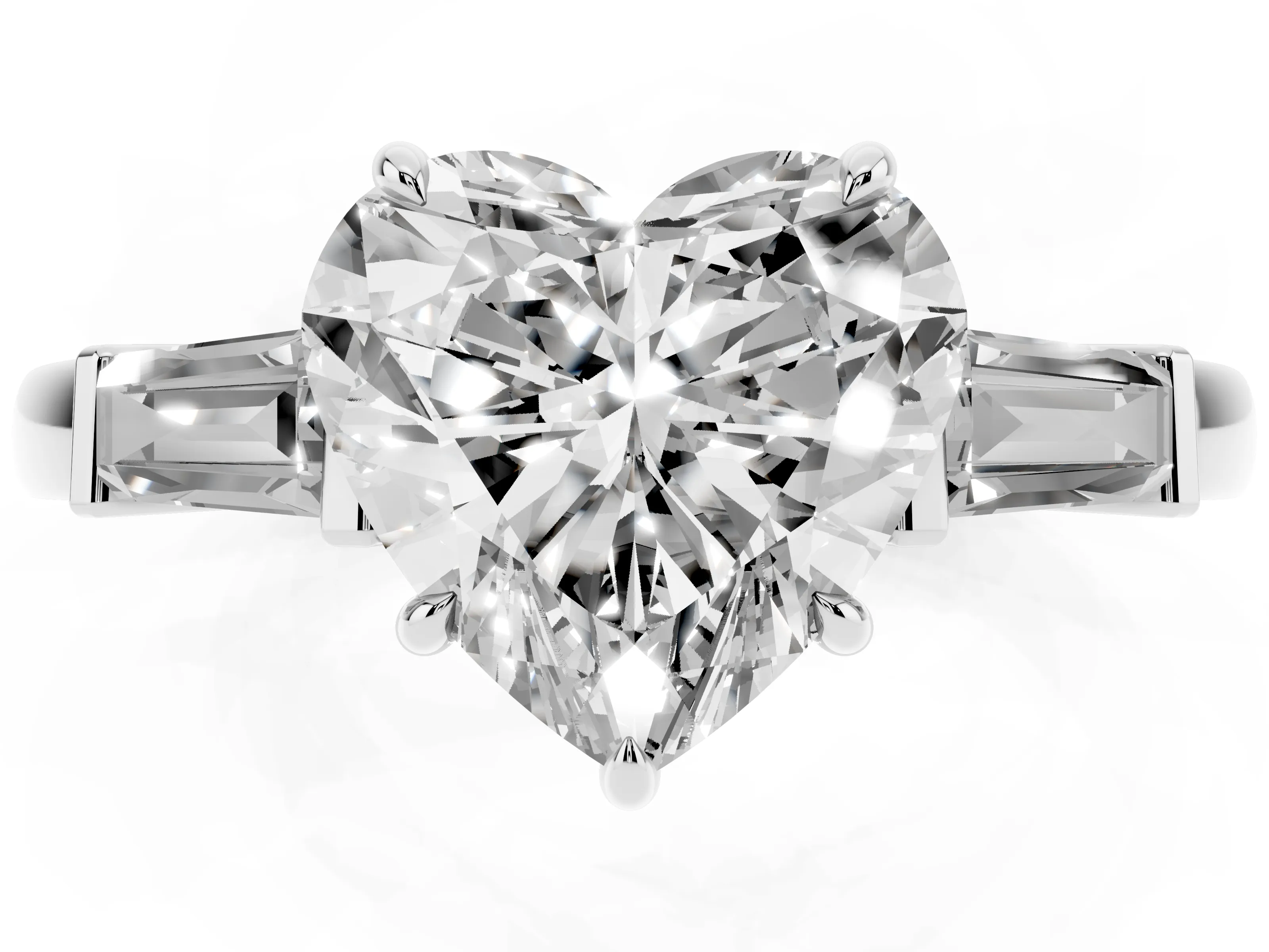Heart Cut Diamond Three-Stone Ring Set in Platinum with Tapered Baguette Side Stones and Prong Setting