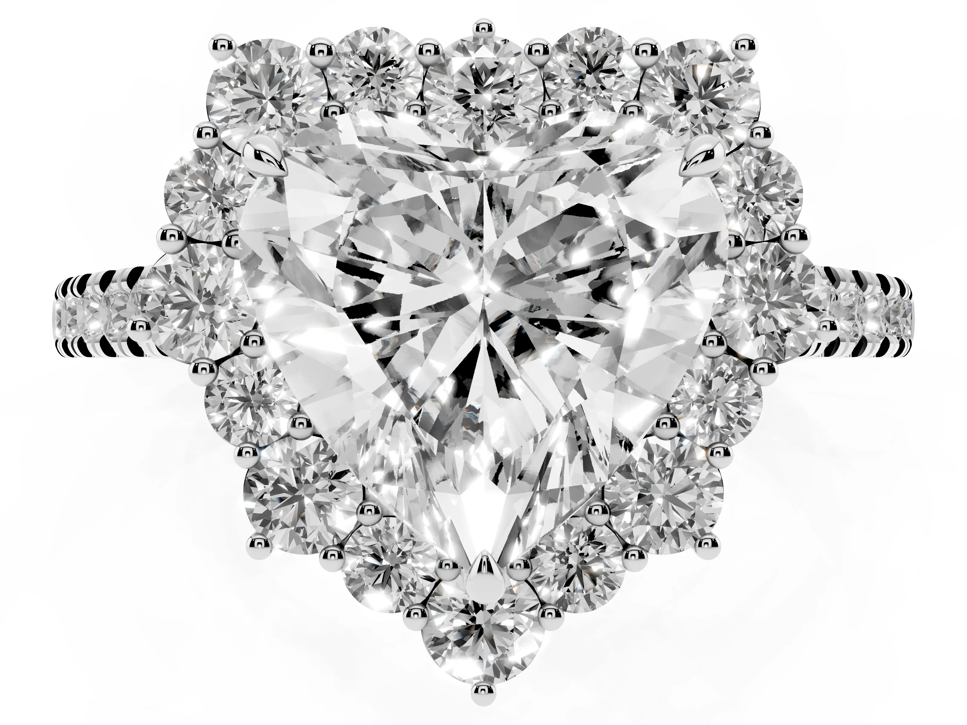 Heart Cut Diamond Halo Ring Set in Silver with Pavé Band and Prong Setting