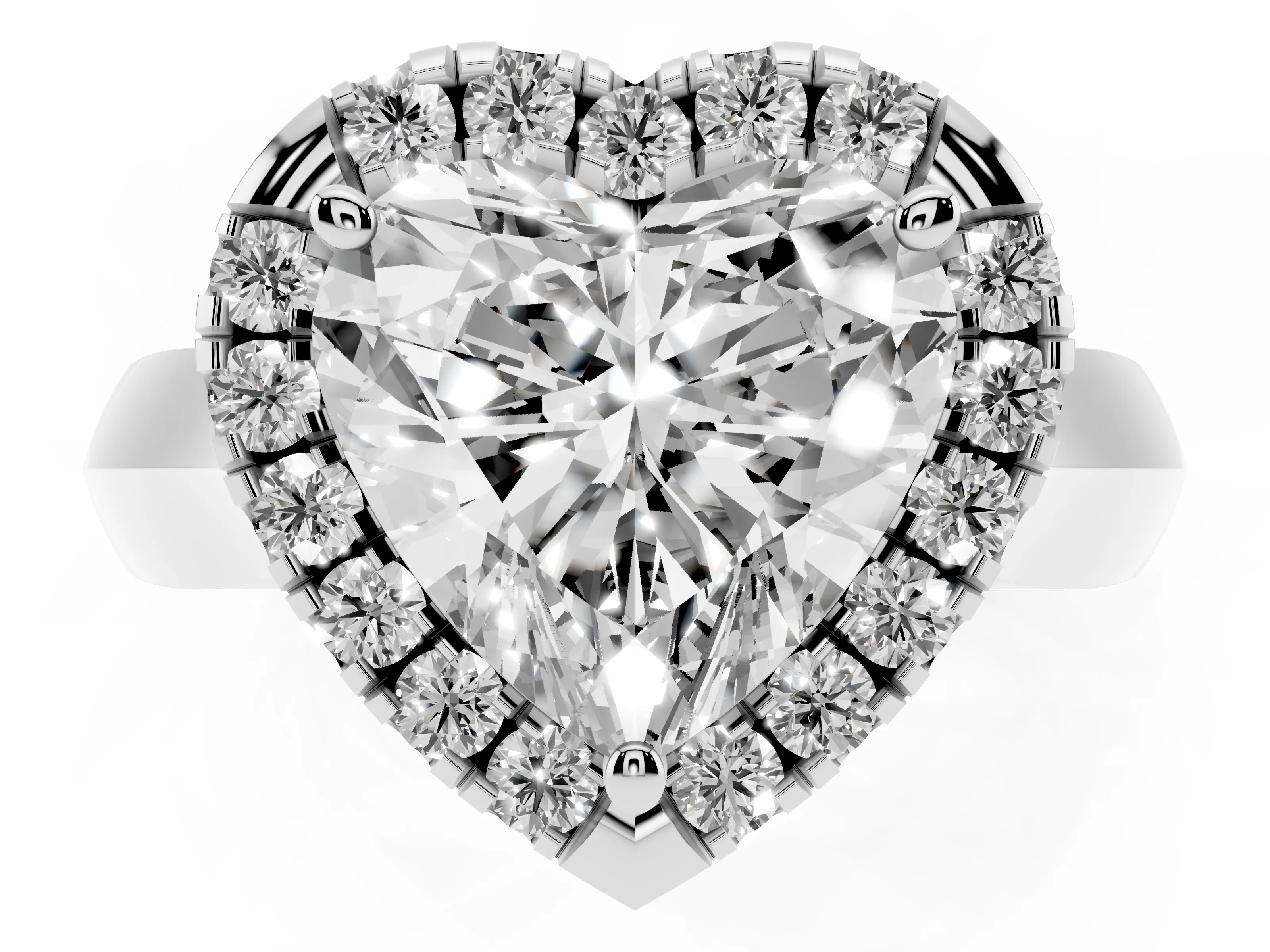 Heart Cut Diamond Halo Solitaire Engagement Ring Set in White gold with Square Band and Prong Setting