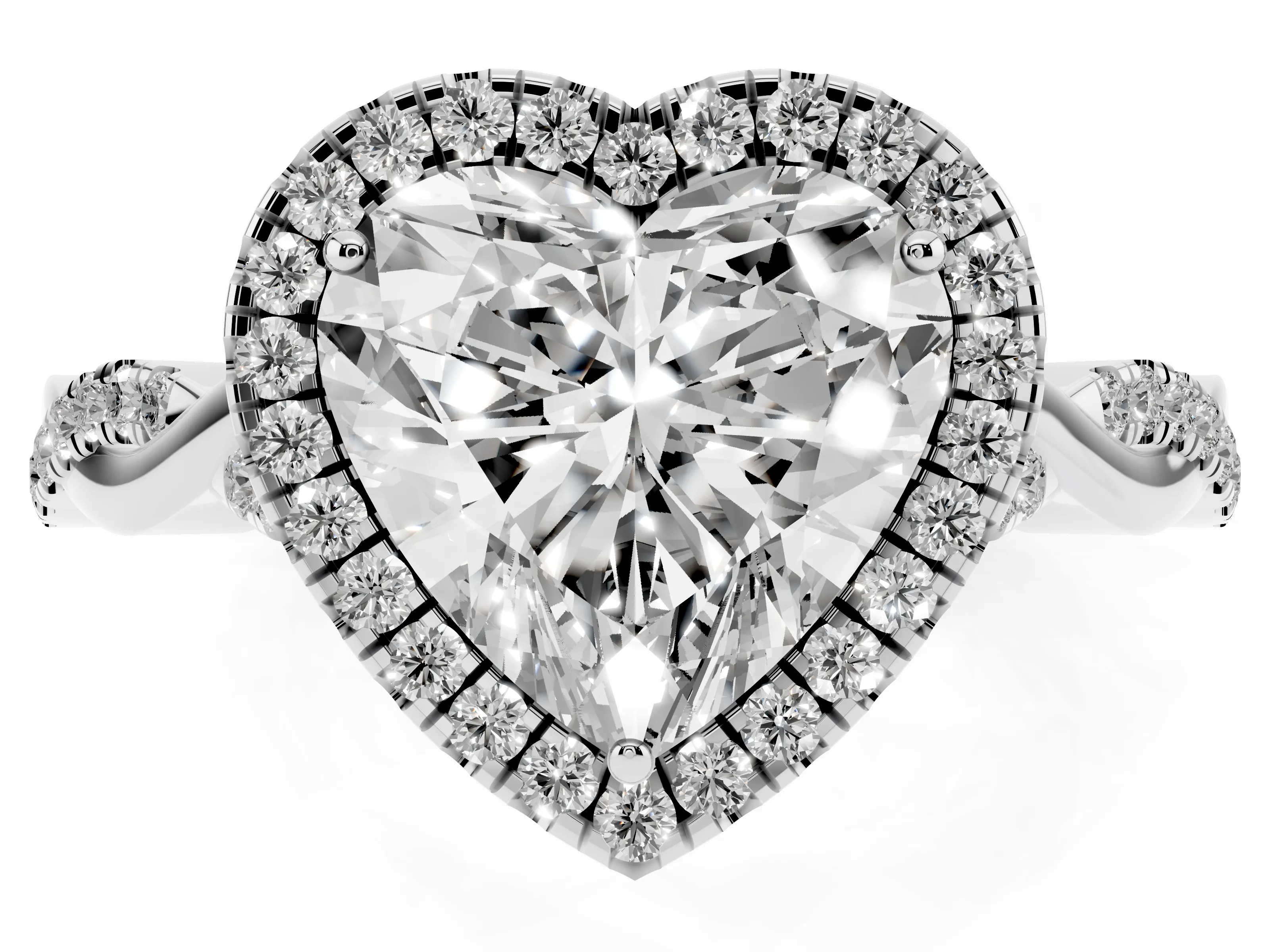 Heart Cut Diamond Halo Twist Band Solitaire Ring Set in Silver with Prong Setting