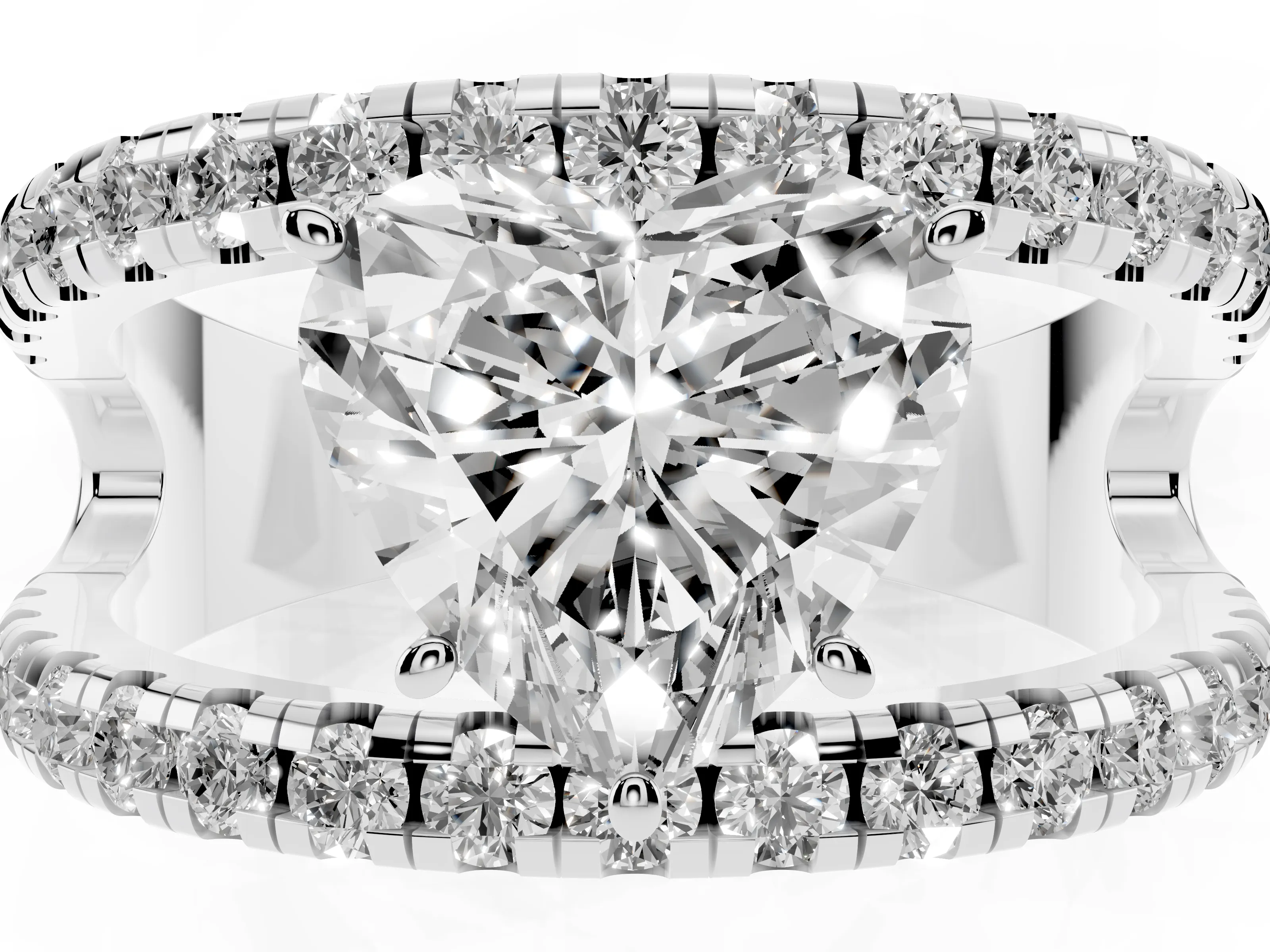 Heart Cut Diamond Split Shank Pavé Solitaire Ring Set in White gold with Open Shank Design