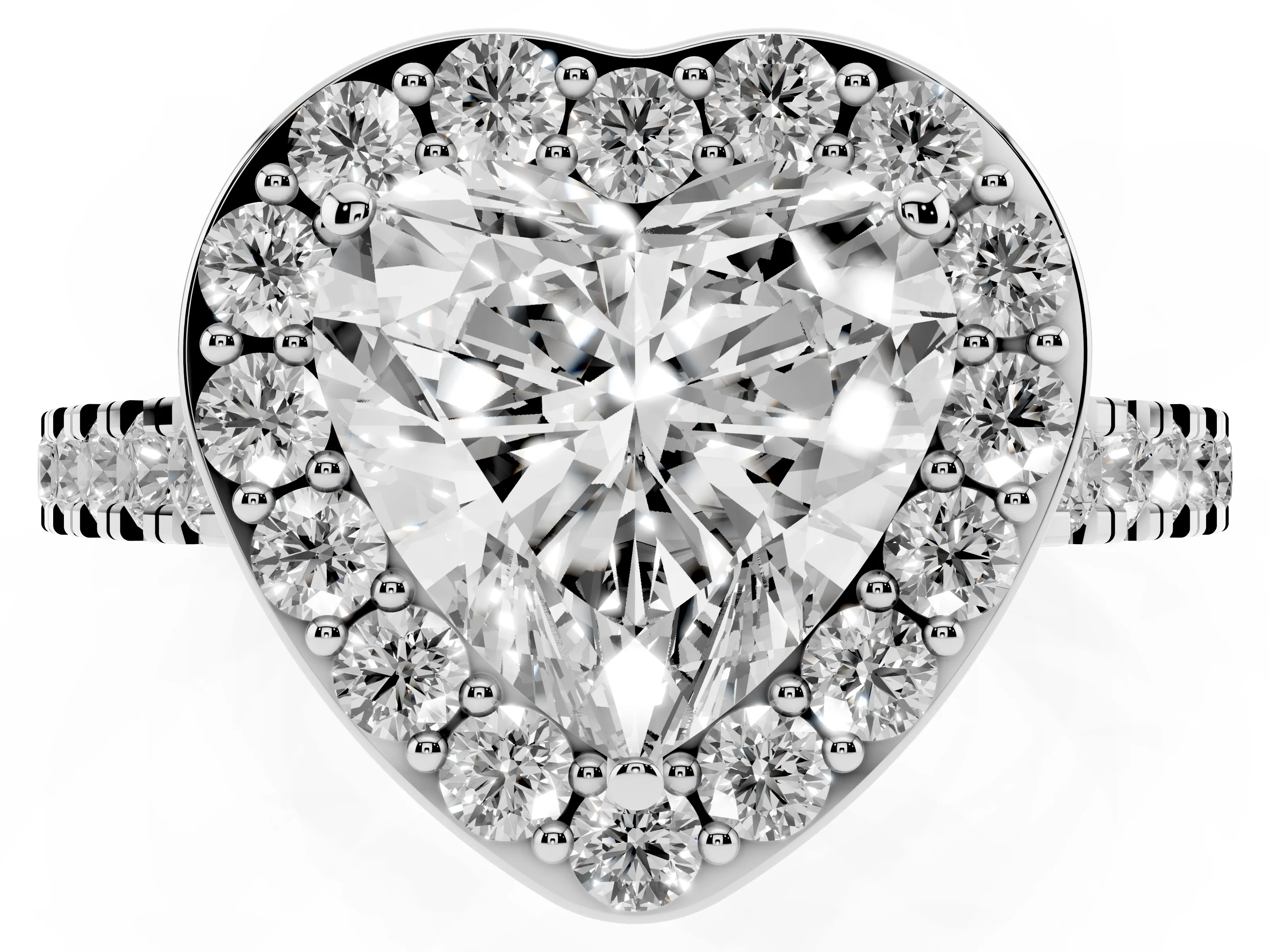 Heart Cut Diamond Halo Ring Set in Silver with Round Pavé Split Shank and Prong Setting