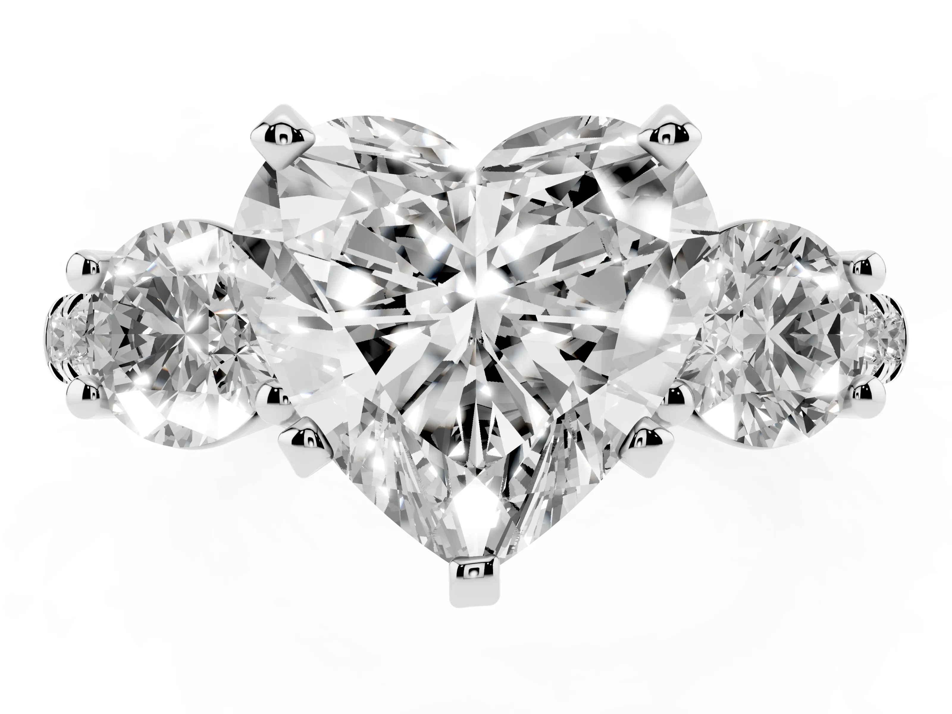 Three-Stone Heart Cut Diamond Pavé Band Ring Set in Platinum with Prong-Set Trio