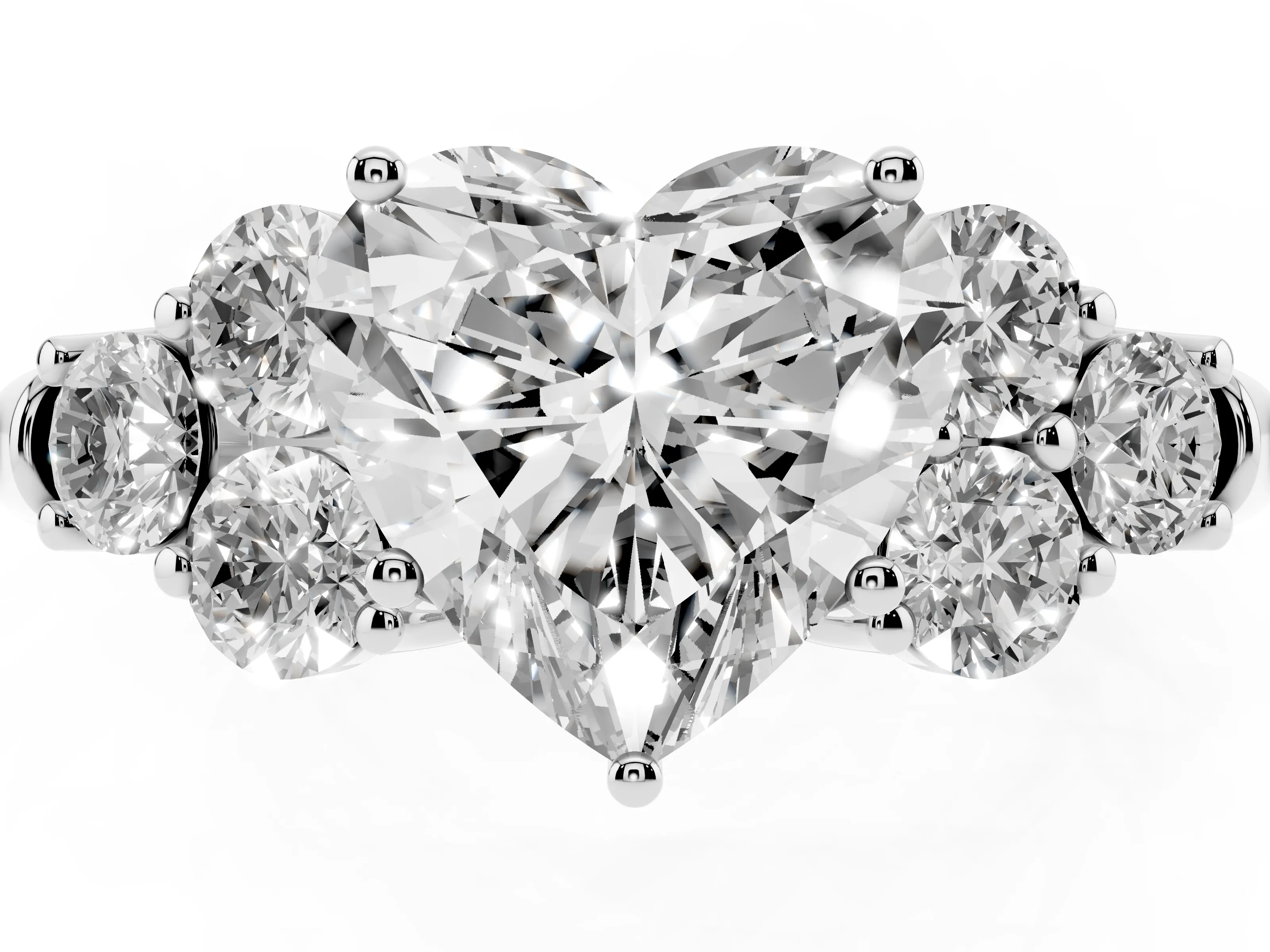 Heart Cut Diamond Cluster Ring Set in Silver with Round Accent Stones and Prong Setting on a Plain Band