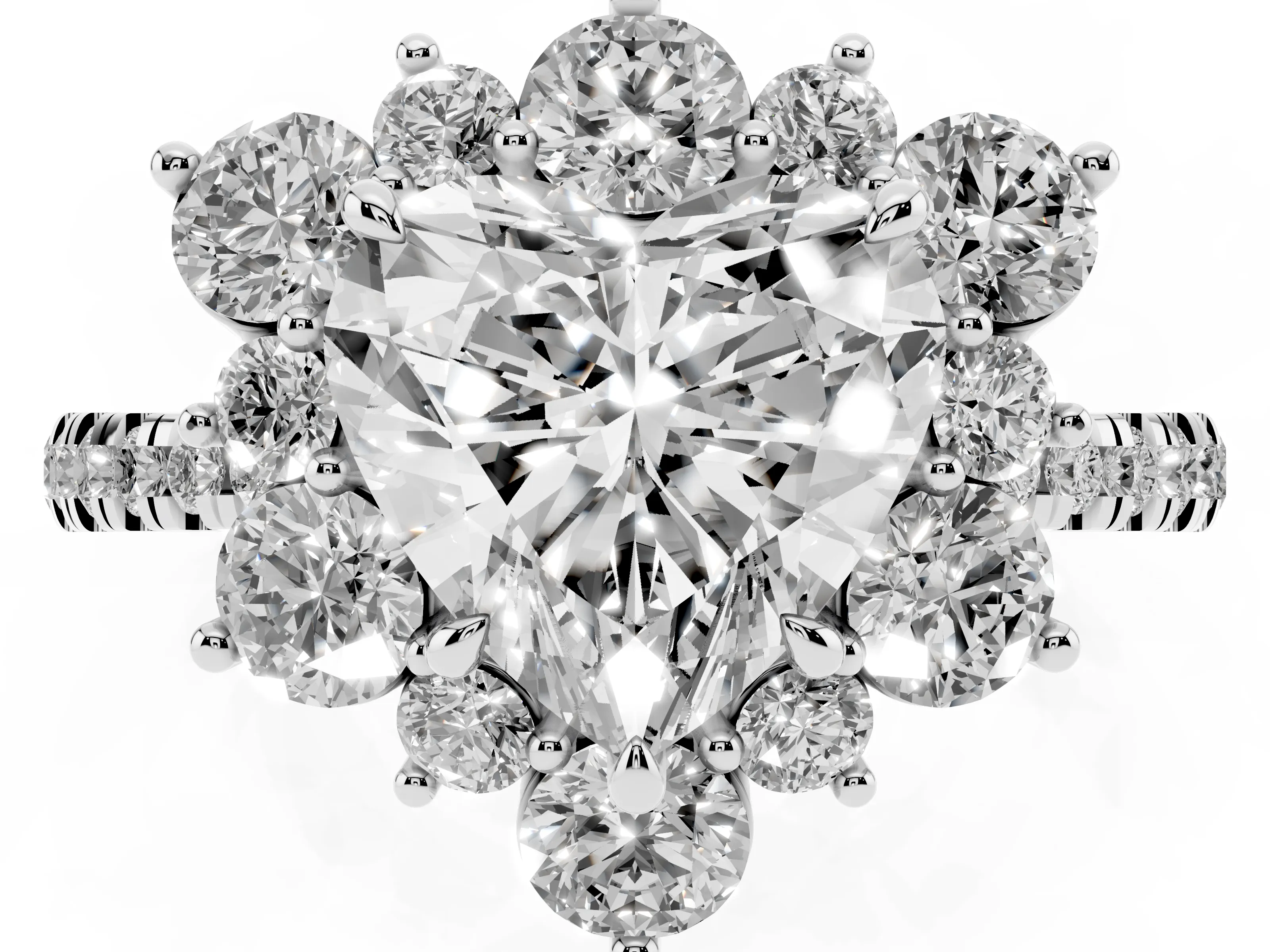 Heart Cut Diamond Floral Halo Ring Set in Platinum with Round Pavé Band and Prong Setting