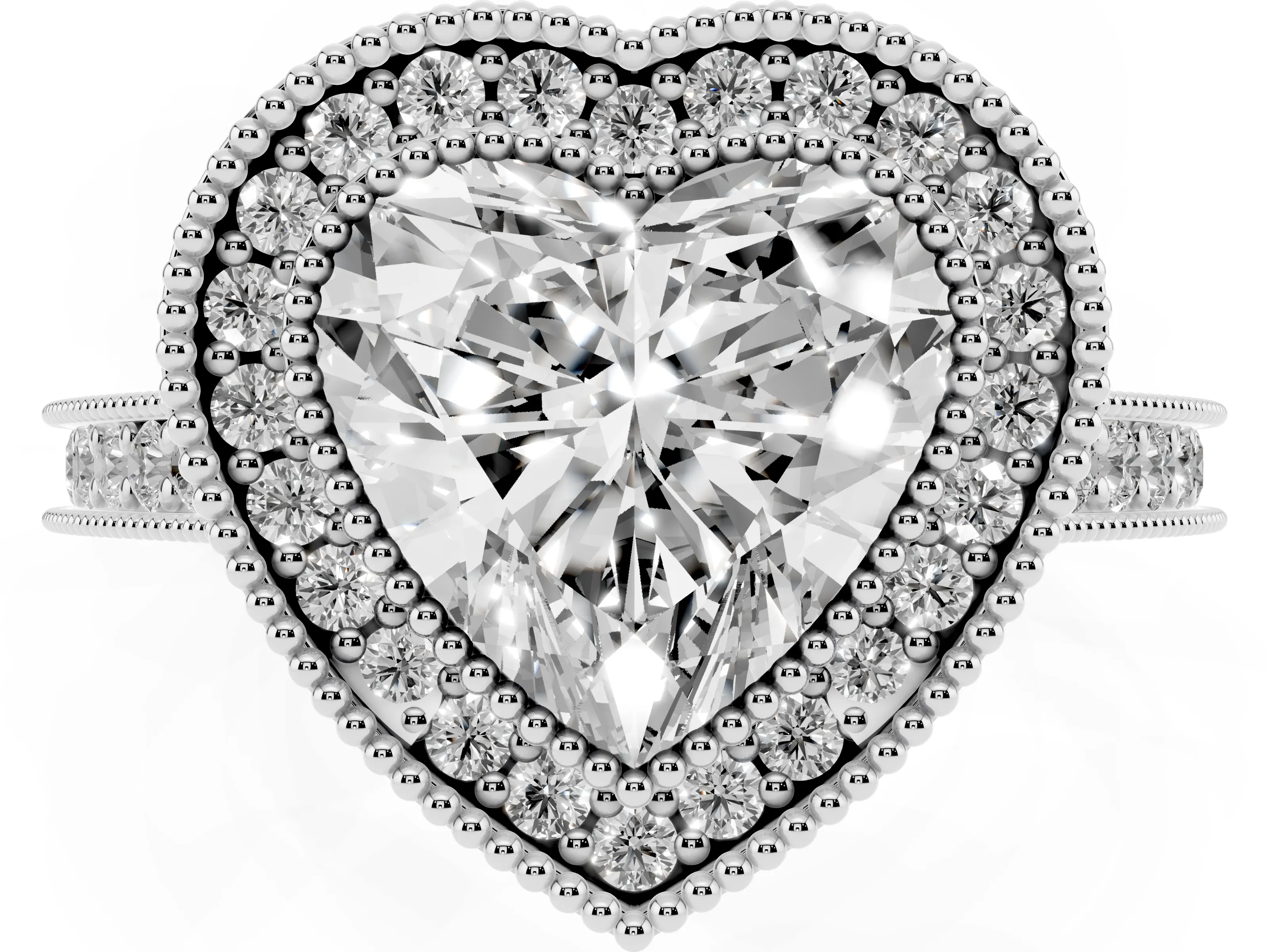 Heart Cut Diamond Halo Milgrain Pavé Band Ring Set in White gold with Prong Setting