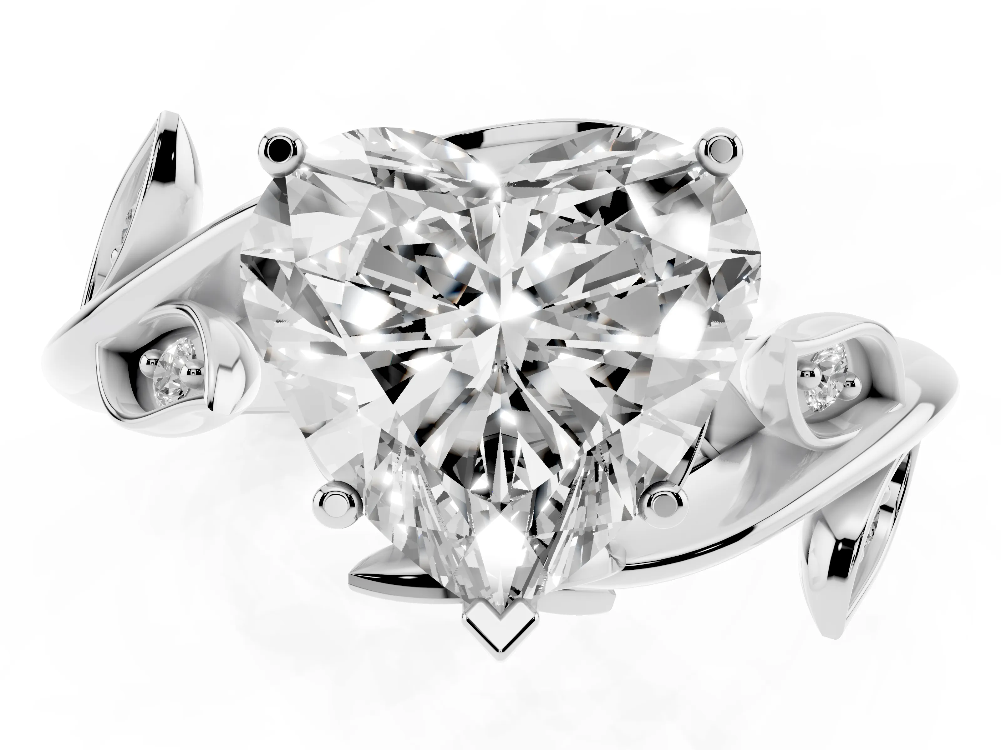 Heart Cut Diamond Solitaire Twist Engagement Ring Set in Silver with Pavé Leaf Accents