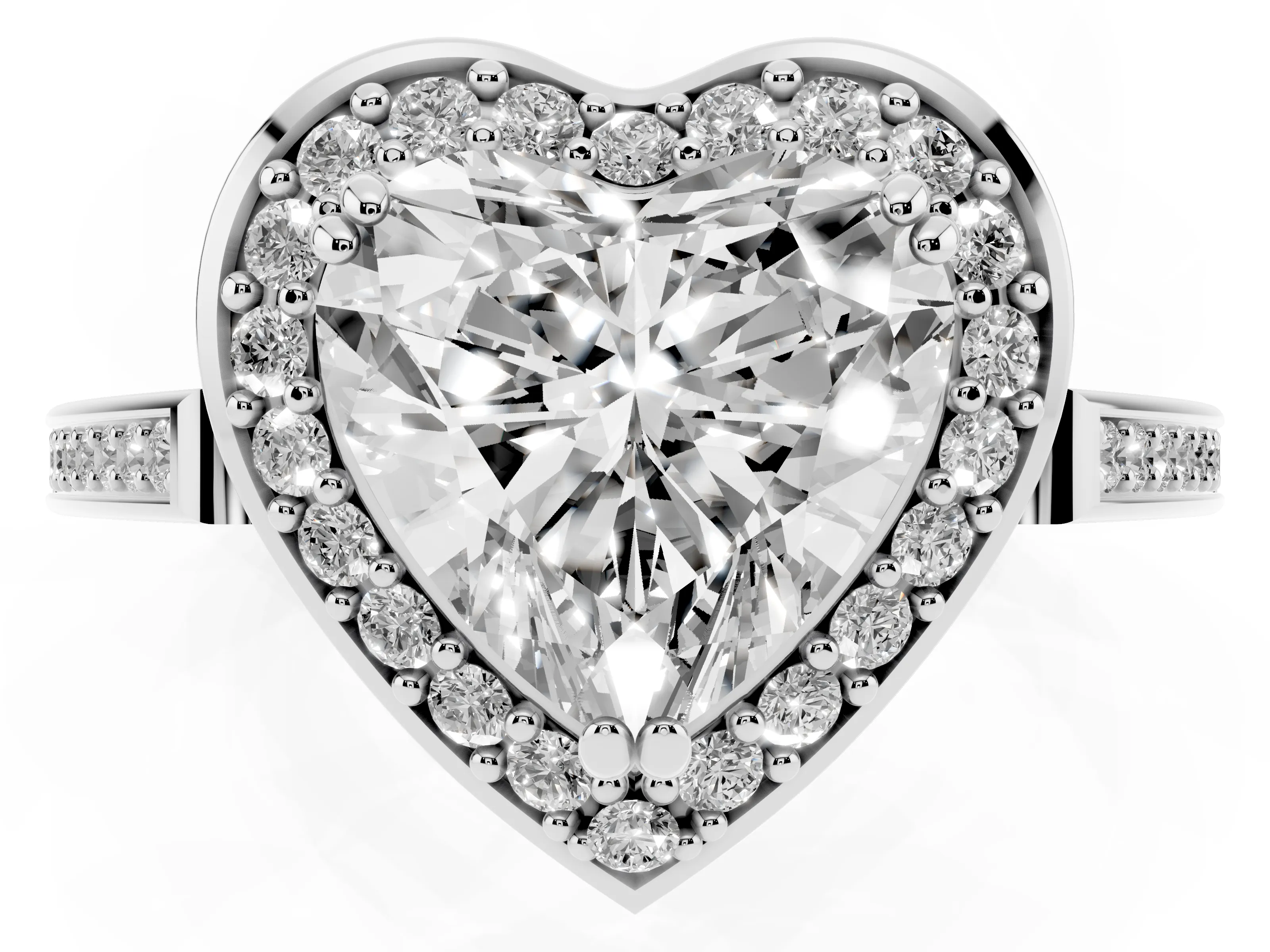 Heart Cut Diamond Halo Ring Set in White gold with Accent-Lined Split Shank and Prong Setting