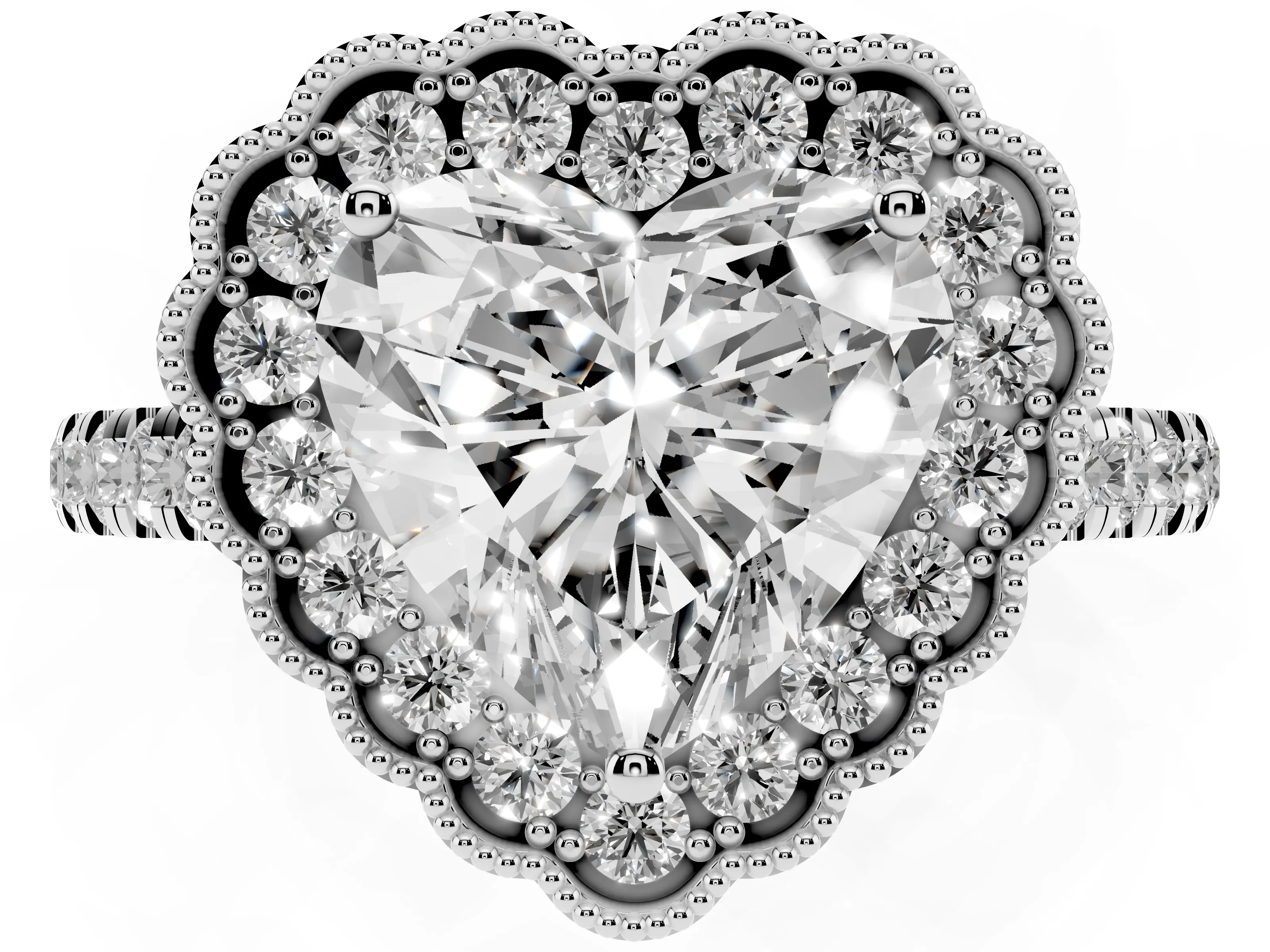 Heart Cut Diamond Milgrain Floral Halo Engagement Ring Set in White gold with Pavé Band