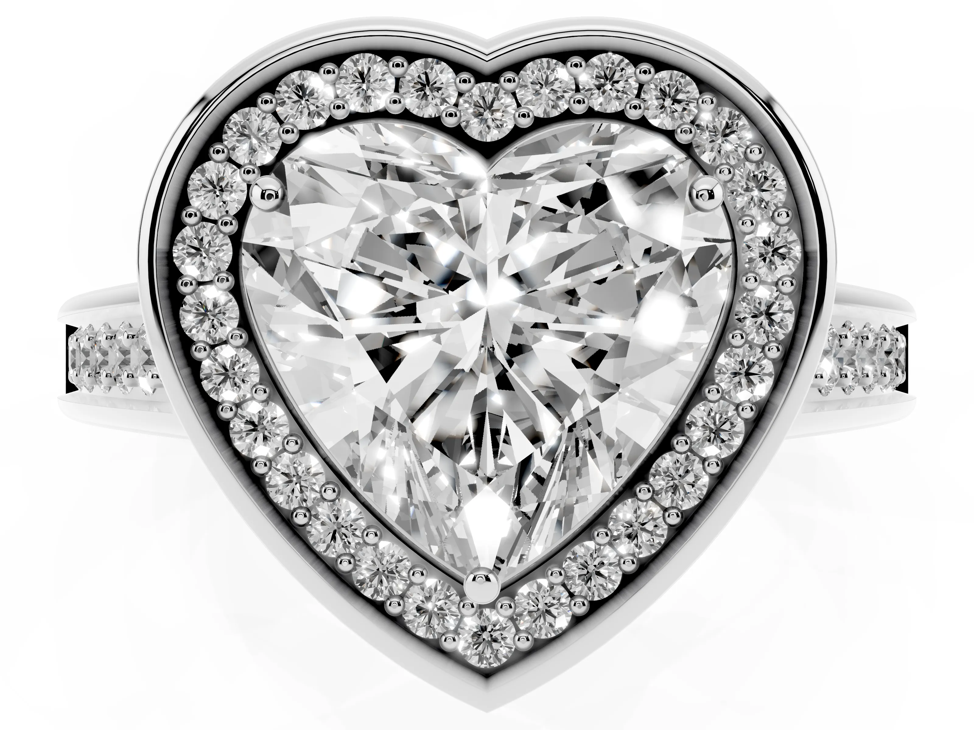 Heart Cut Diamond Halo Solitaire Ring Set in Platinum with Pavé Band and Bezel Setting