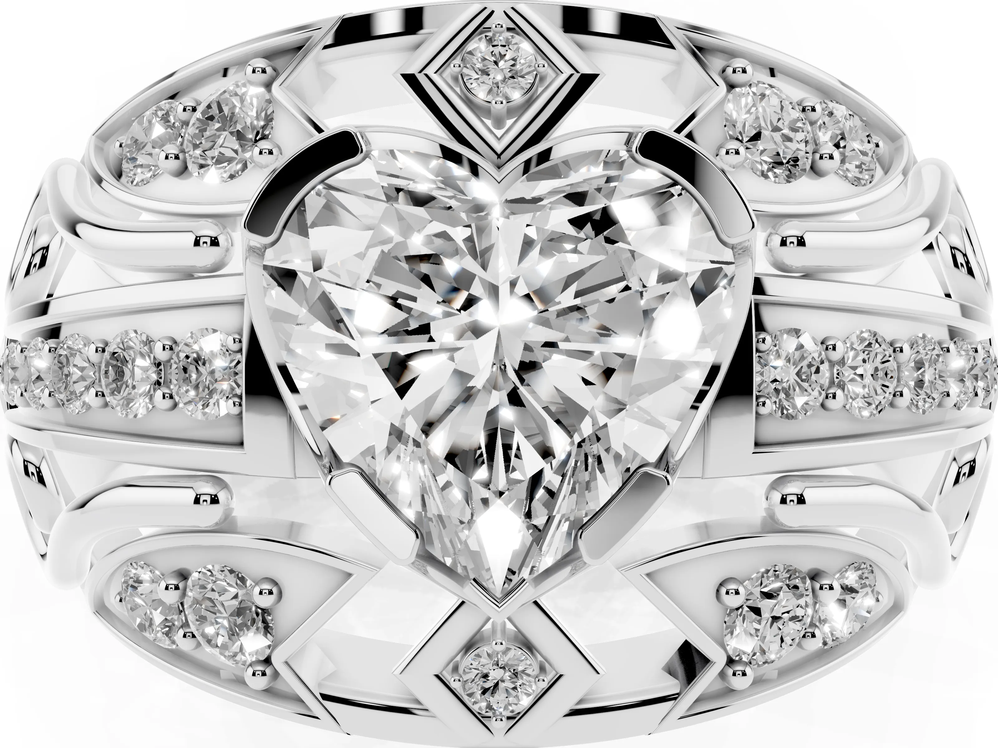 Heart Cut Diamond Art Deco Ring Set in White gold with Pavé Split Shank