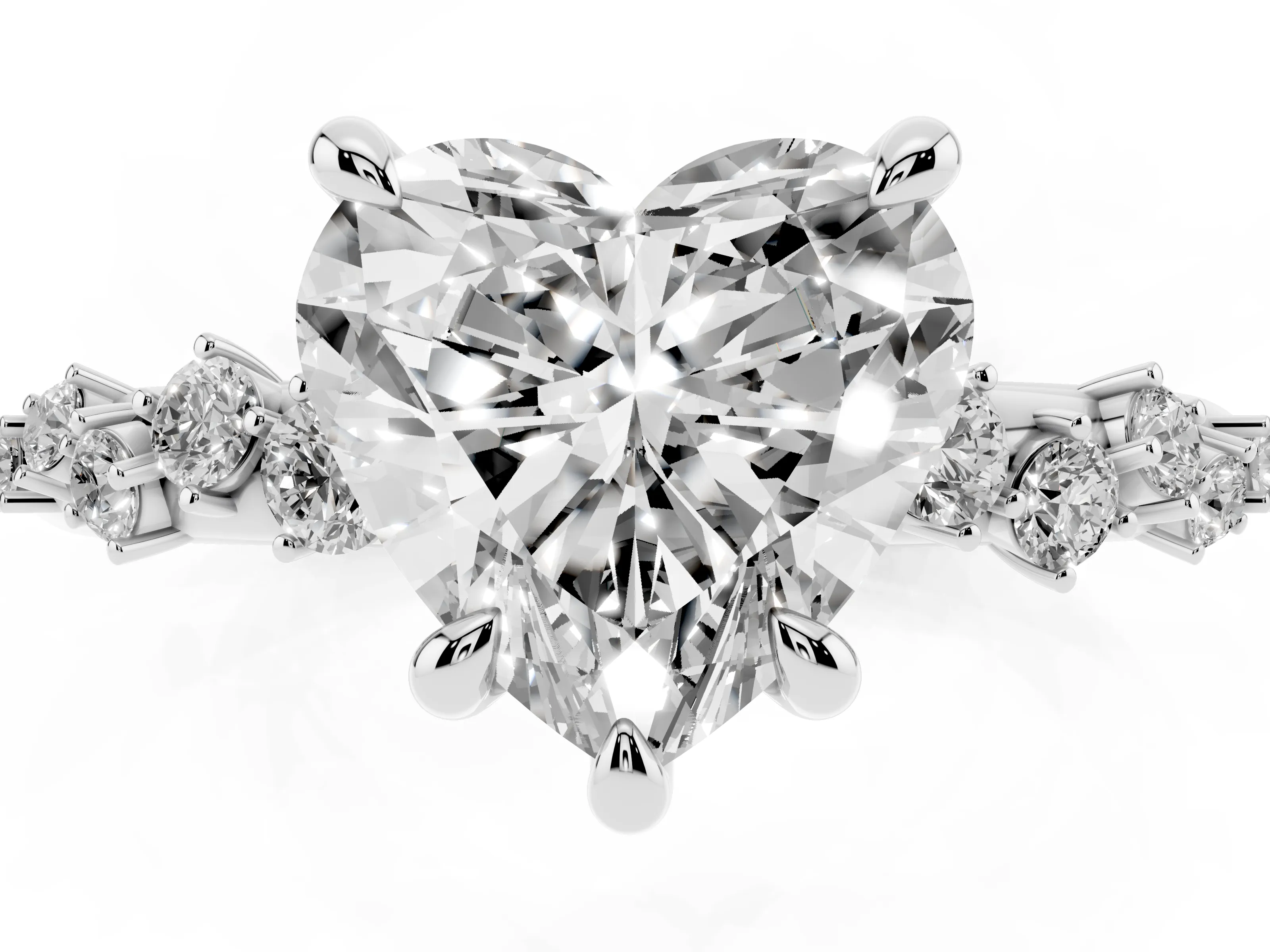 Heart Cut Diamond Solitaire Vine Band Ring Set in Silver with Round Accents and Prong Setting