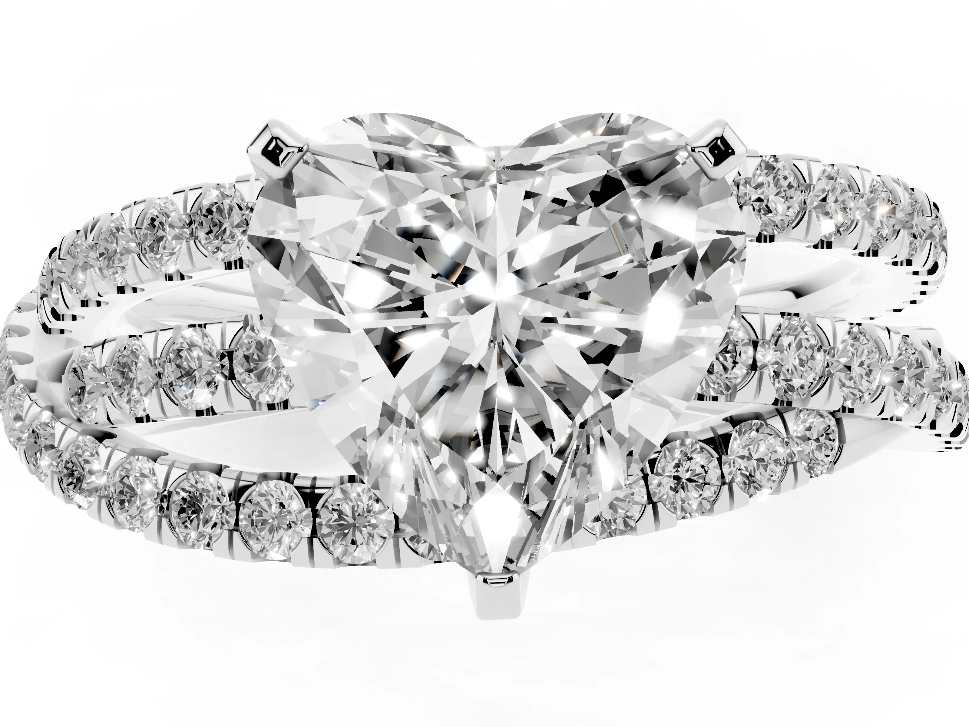 Heart Cut Diamond Solitaire Twist Band Ring Set in White gold with Pavé Setting and Prong Head