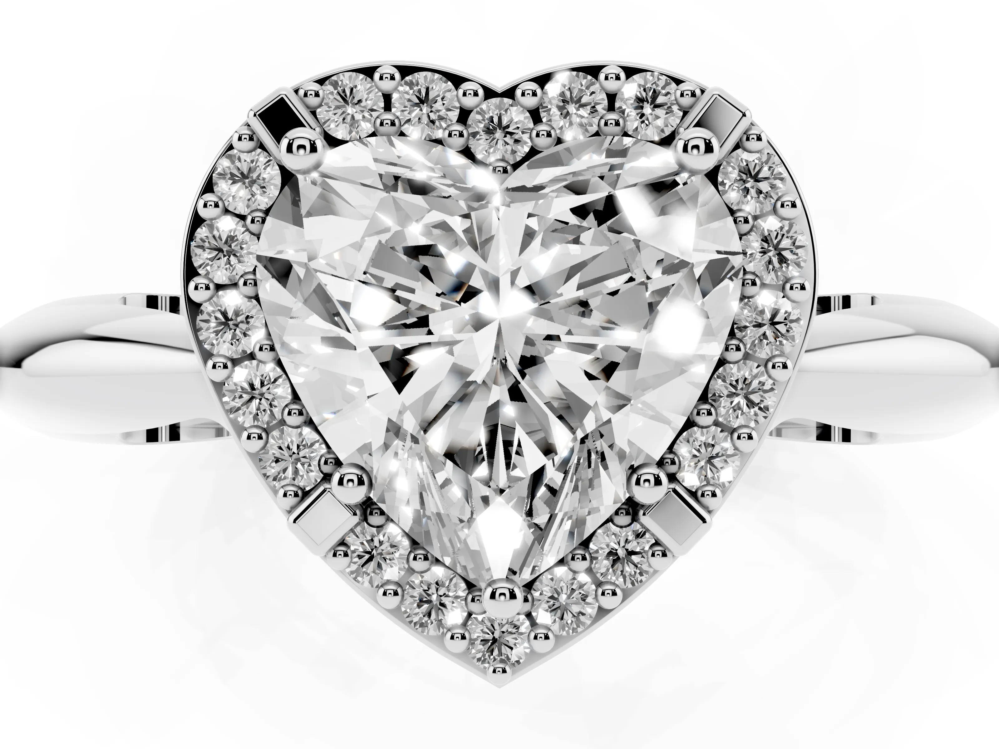 Heart Cut Diamond Halo Engagement Ring Set in Platinum with Plain Split Shank and Prong Setting