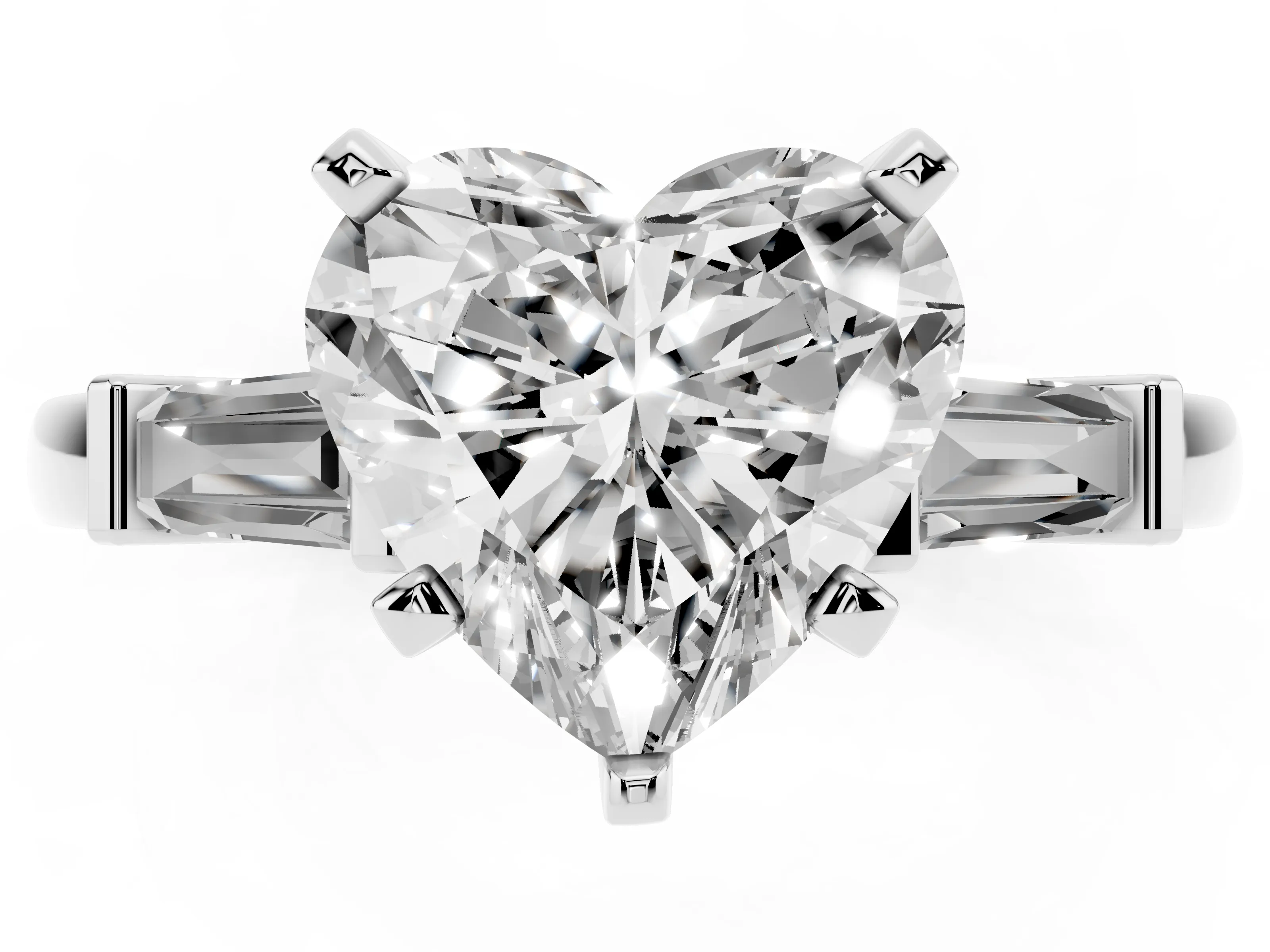 Heart Cut Diamond Solitaire Ring Set in White gold with Tapered Baguette Accents and Prong Setting
