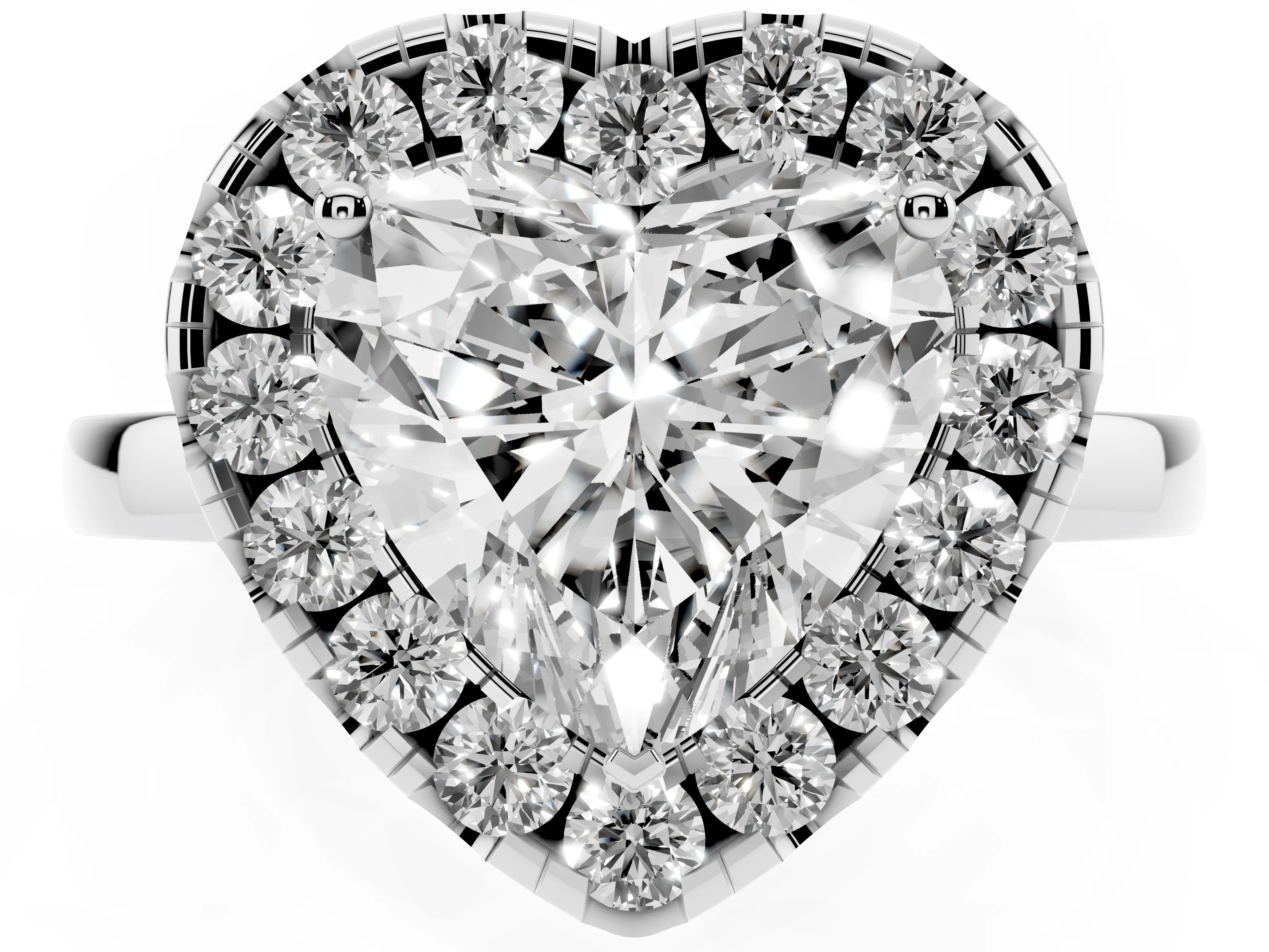 Heart Cut Diamond Halo Solitaire Ring Set in Silver with Pavé Band and Prong Setting