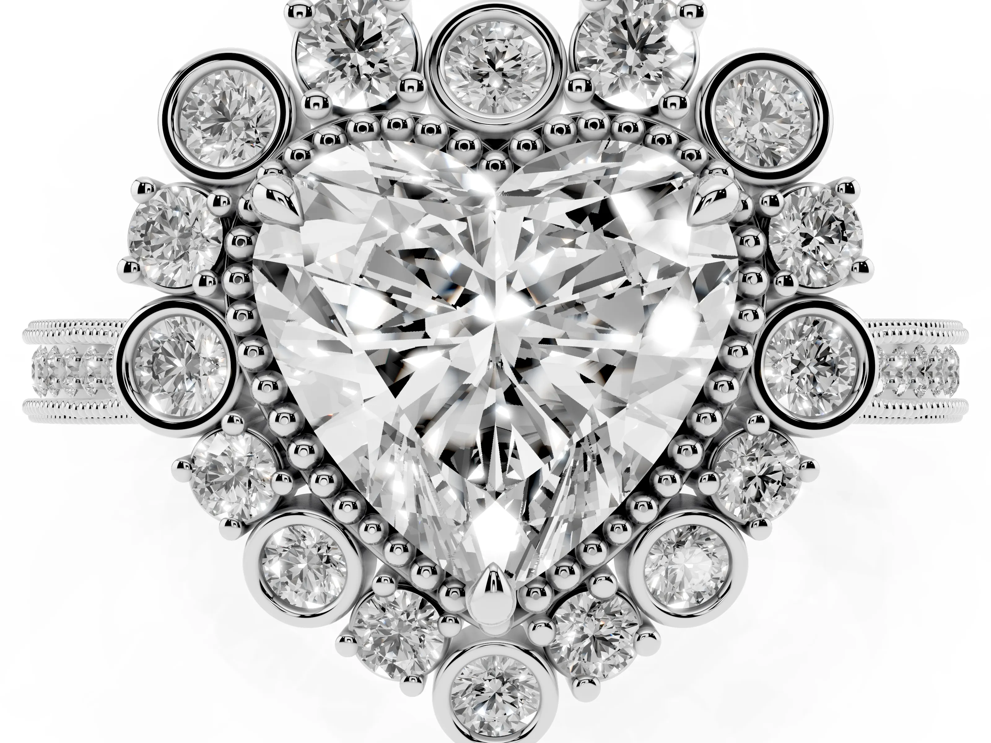 Heart Cut Diamond Halo Milgrain Pavé Ring Set in White gold with Prong Setting