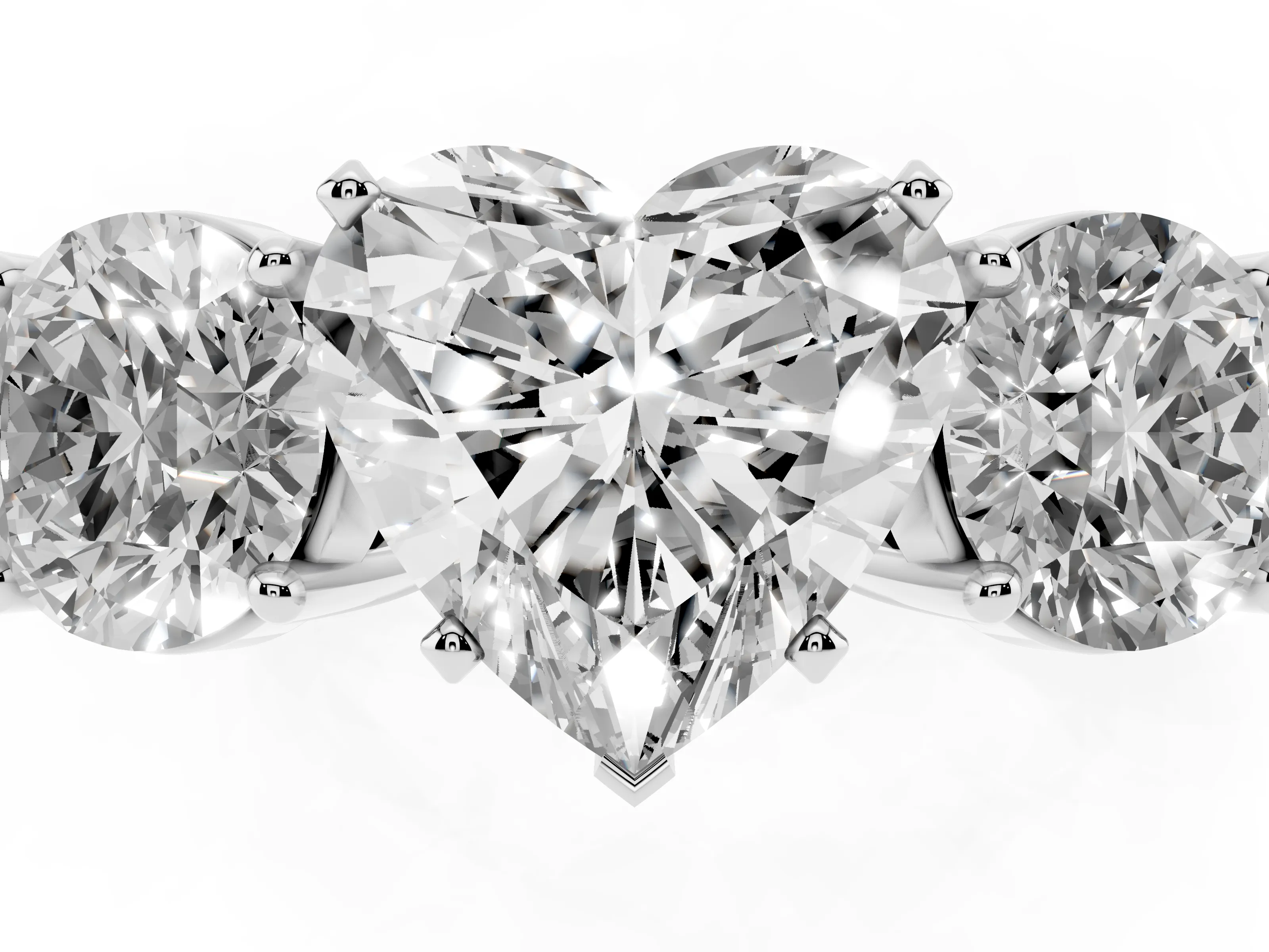 Heart Cut Diamond Three-Stone Ring Set in Platinum with Round Side Stones and Classic Band