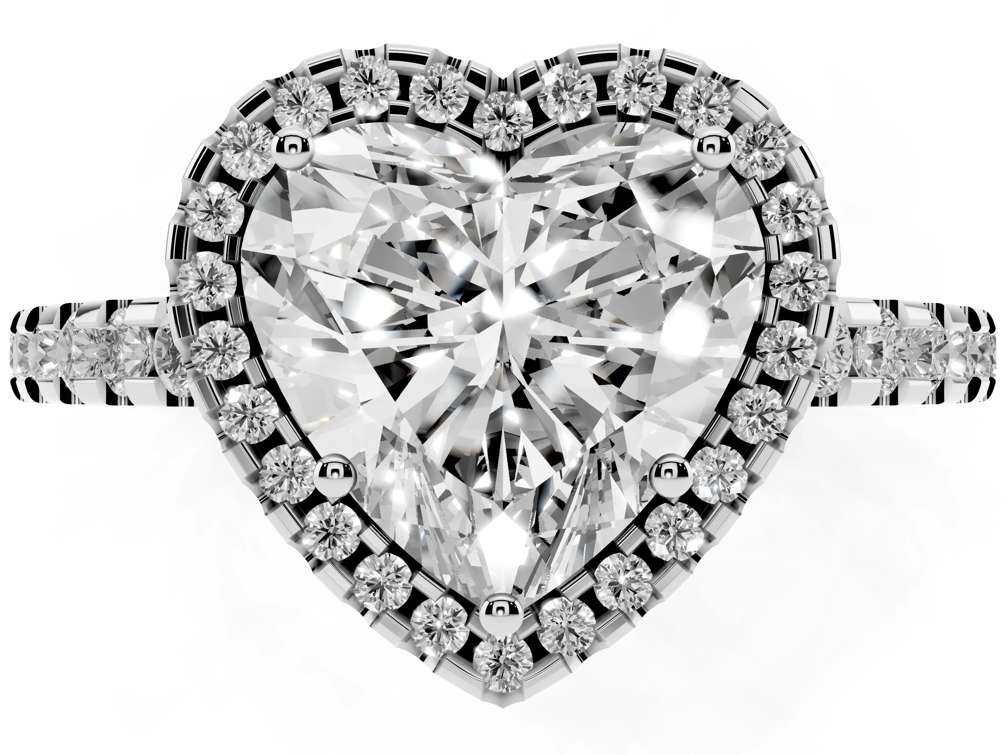 Heart Cut Diamond Halo Ring Set in Platinum with Pavé Shoulders and Halo-Framed Center