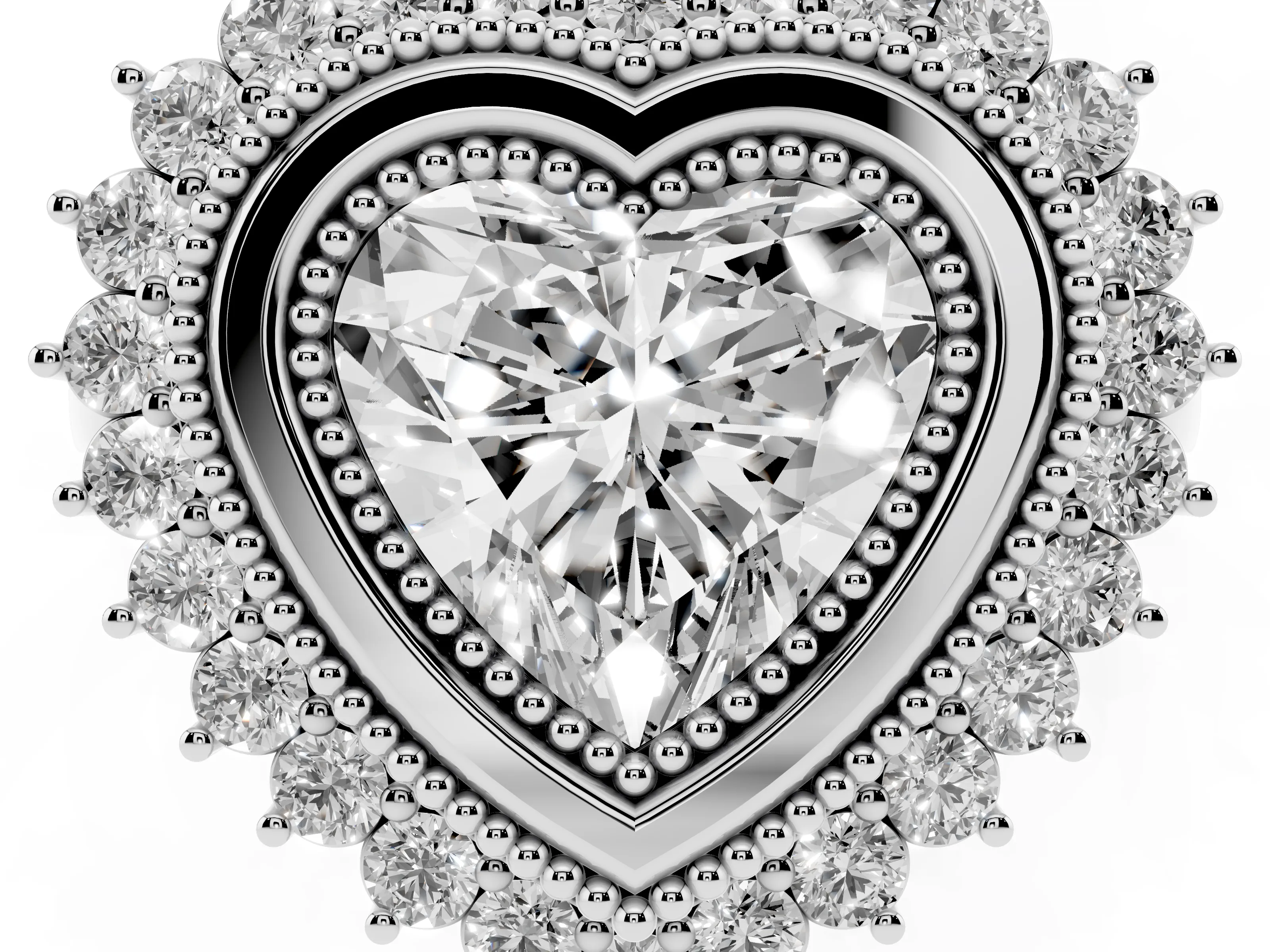 Heart Cut Diamond Halo Ring Set in White gold with Milgrain Edge and Round Prong Setting