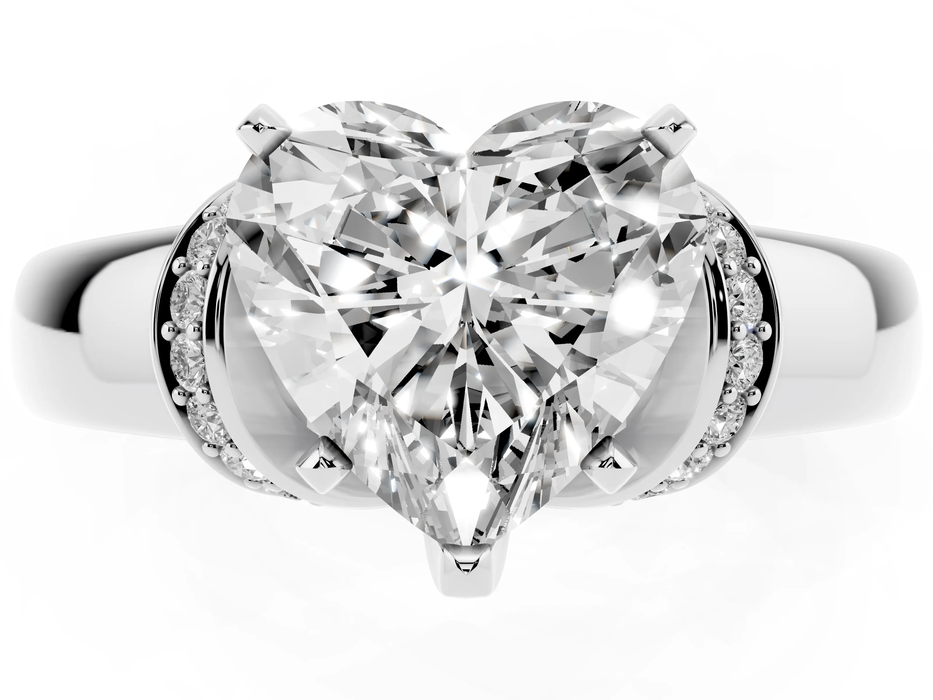Heart Cut Diamond Pavé Band Solitaire Ring Set in Platinum with Prong Setting