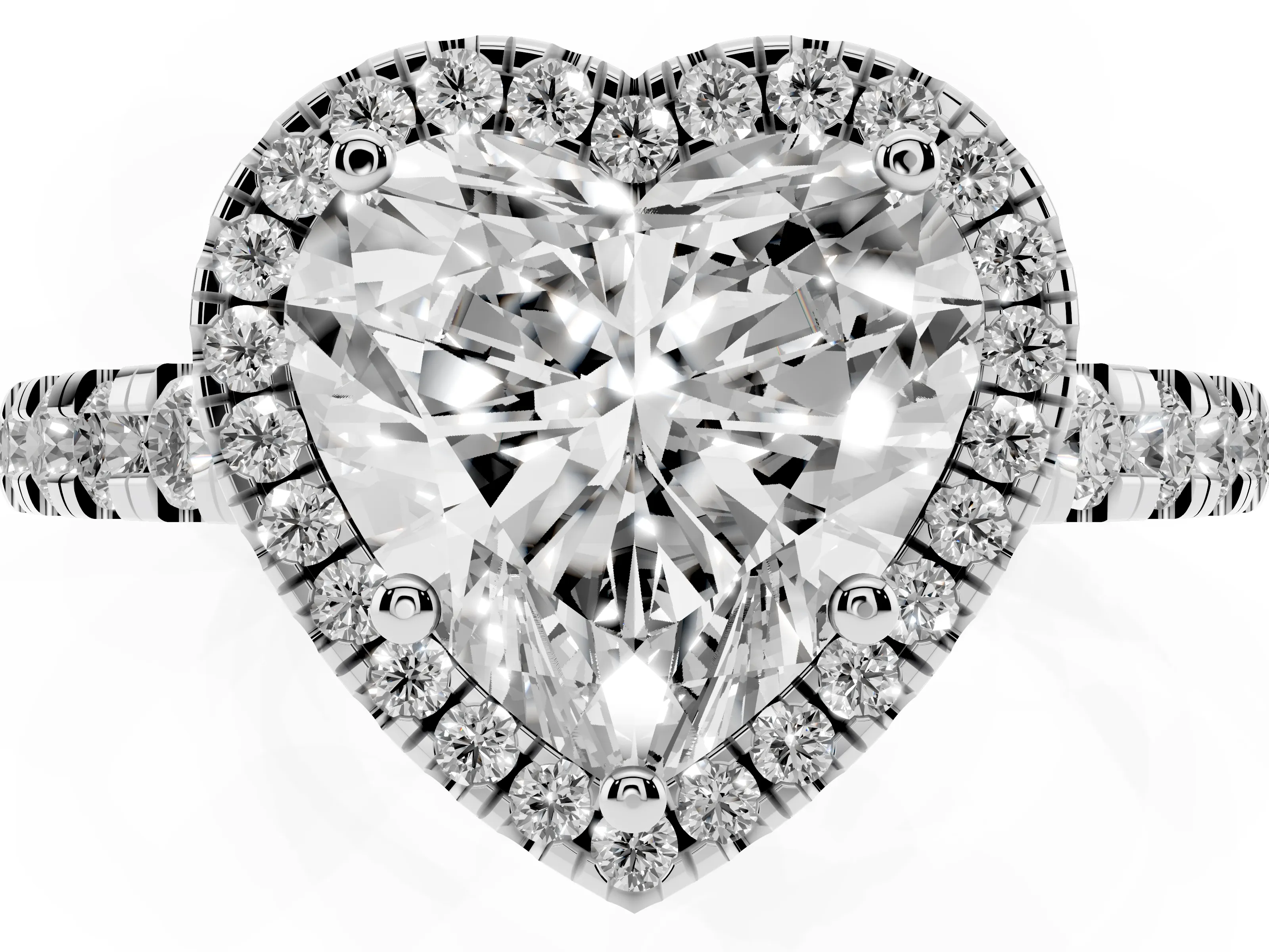 Heart Cut Diamond Halo Ring Set in White gold with Delicate Pavé Band and Prong Setting