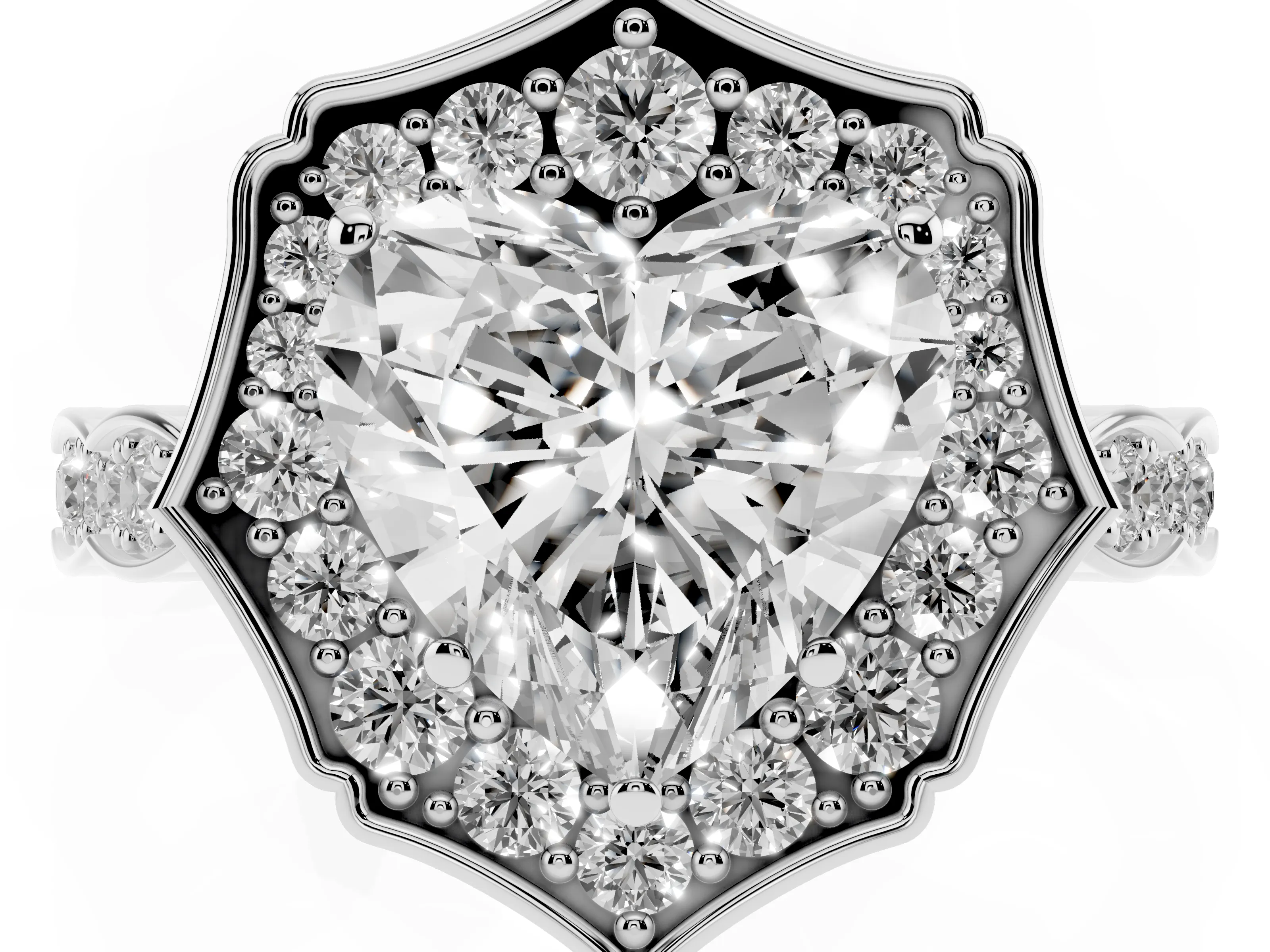 Heart Cut Diamond Halo Engagement Ring Set in White gold with Milgrain Band and Prong Setting