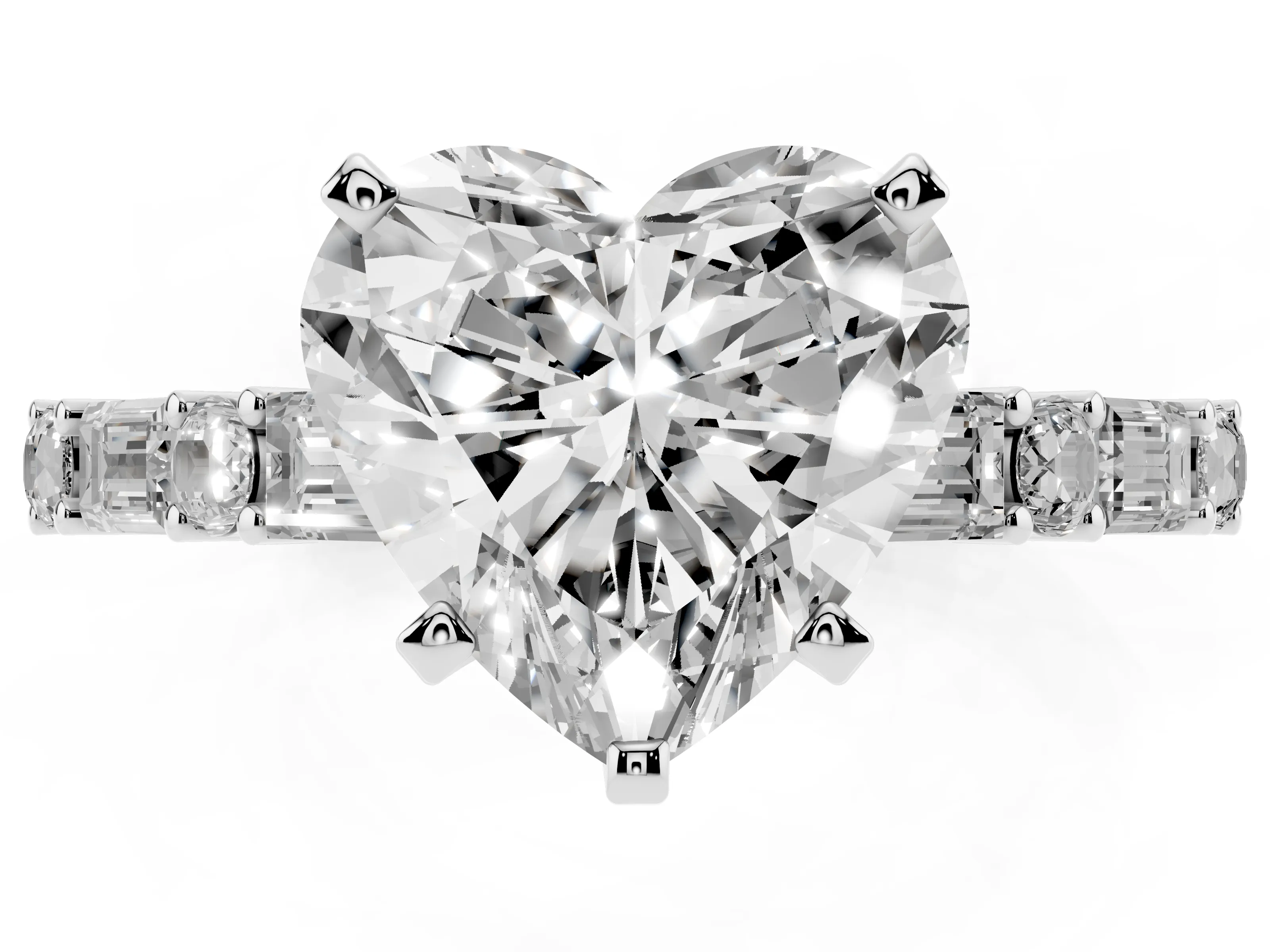 Heart Cut Diamond Solitaire Set in Silver with Side Baguettes and Channel Set Band
