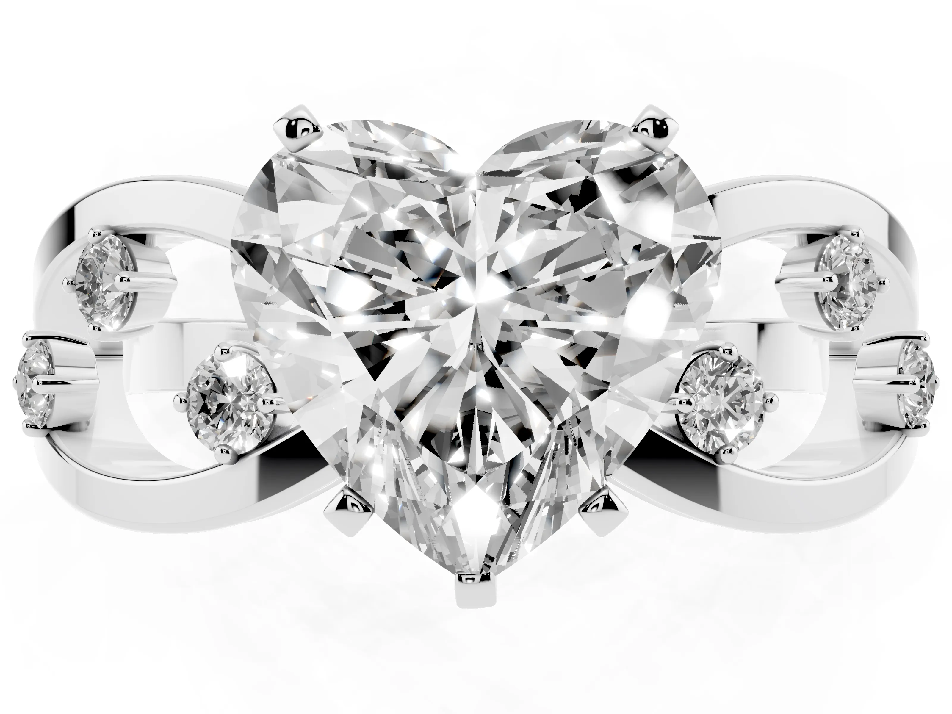 Heart Cut Diamond Solitaire Ring Set in Platinum with Side Stones on Criss-Cross Band and Prong Setting