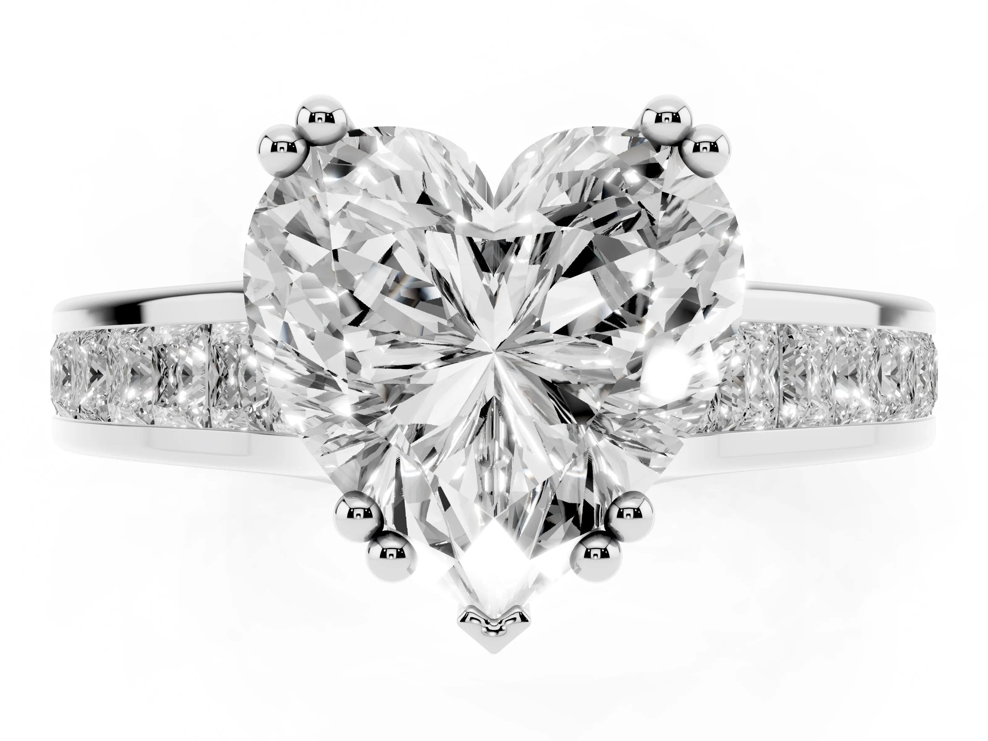 Heart Cut Diamond Channel Set Solitaire Engagement Ring Set in Silver with Prong Setting