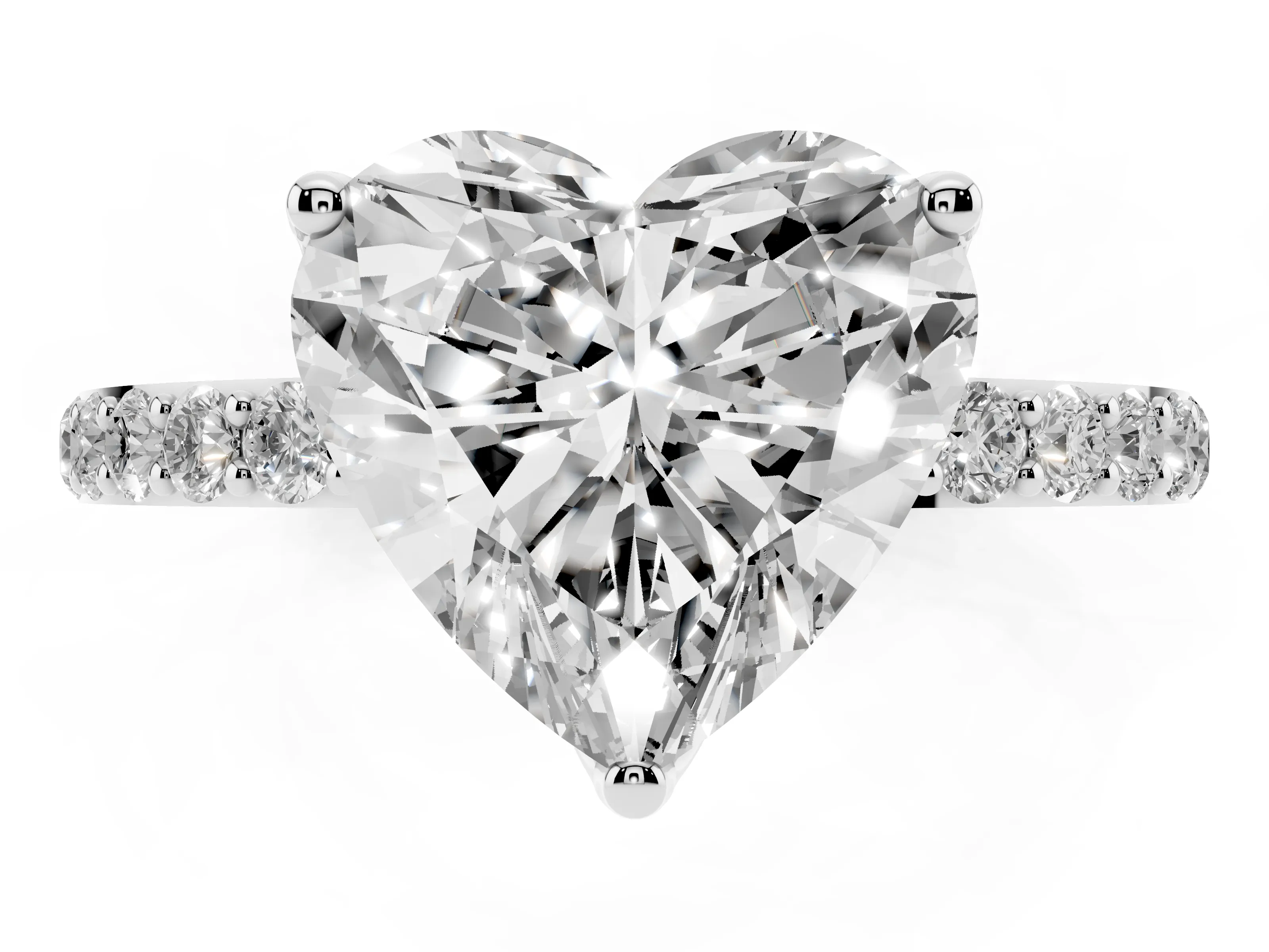 Heart Cut Diamond Solitaire Engagement Ring Set in White gold with Round Pavé Band and Prong Setting