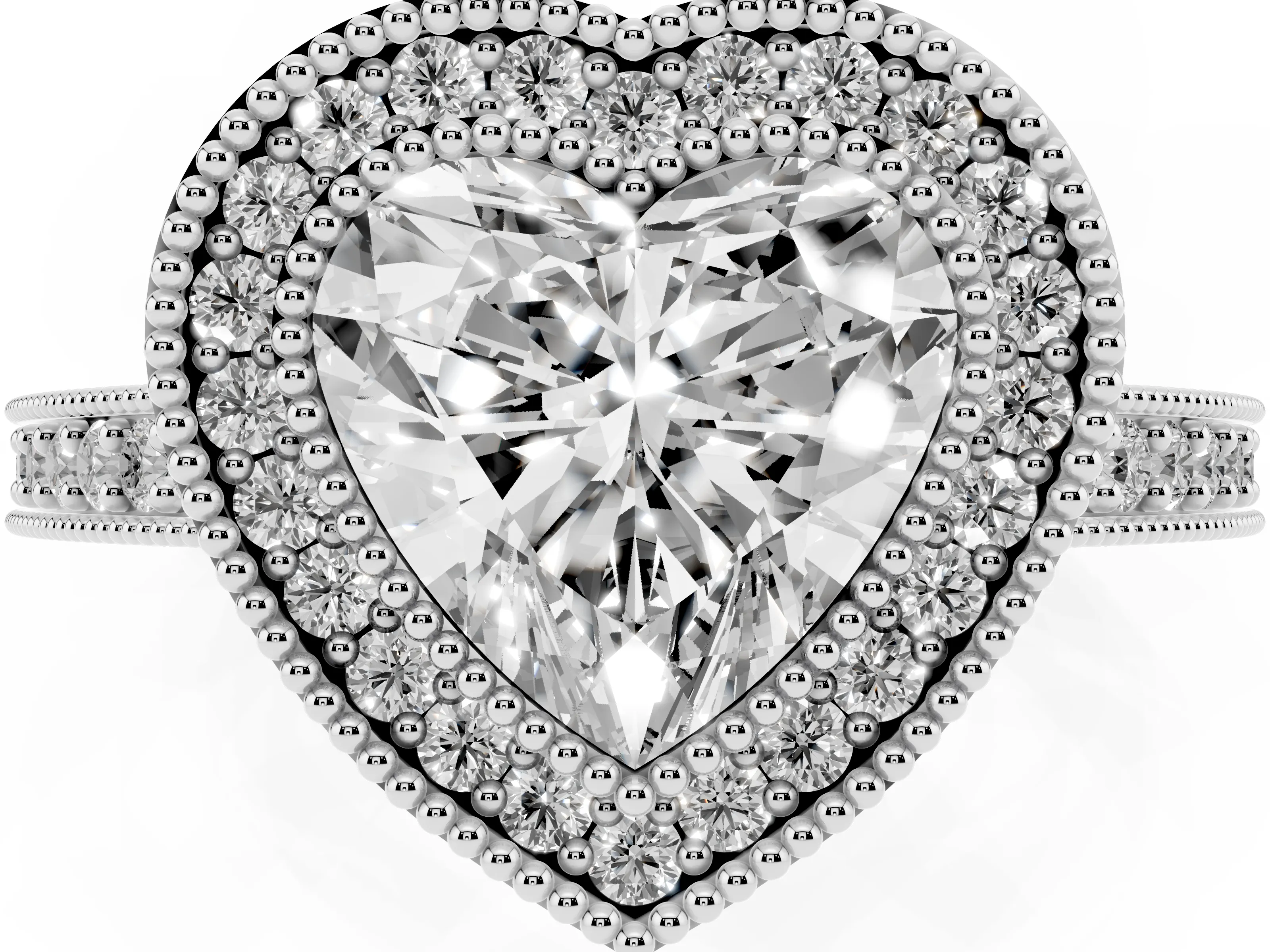 Heart Cut Diamond Halo Engagement Ring Set in Platinum with Pavé Band and Round Halo Stones