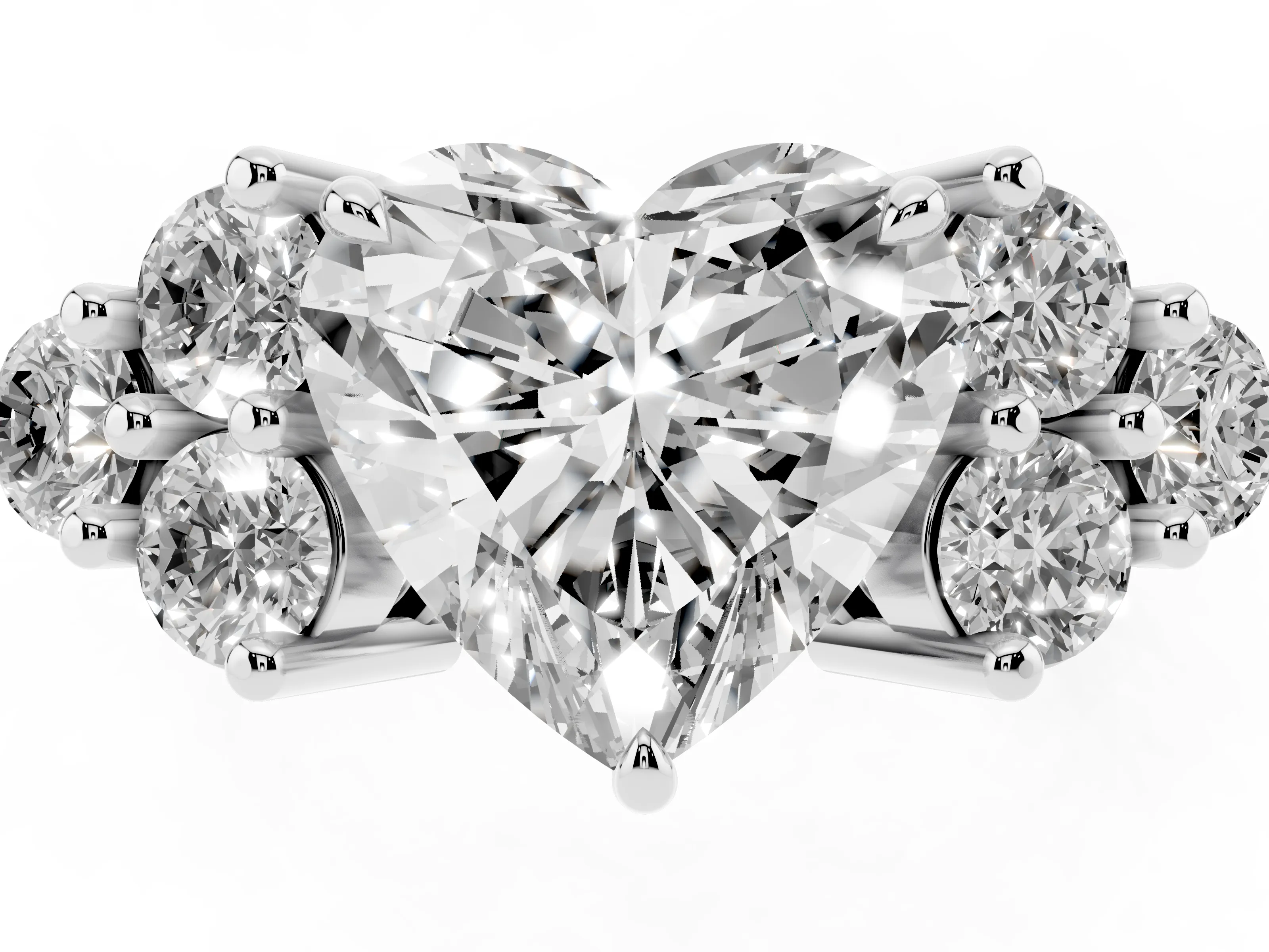 Heart Cut Diamond Solitaire Ring Set in Silver with Cluster Accents on Each Side