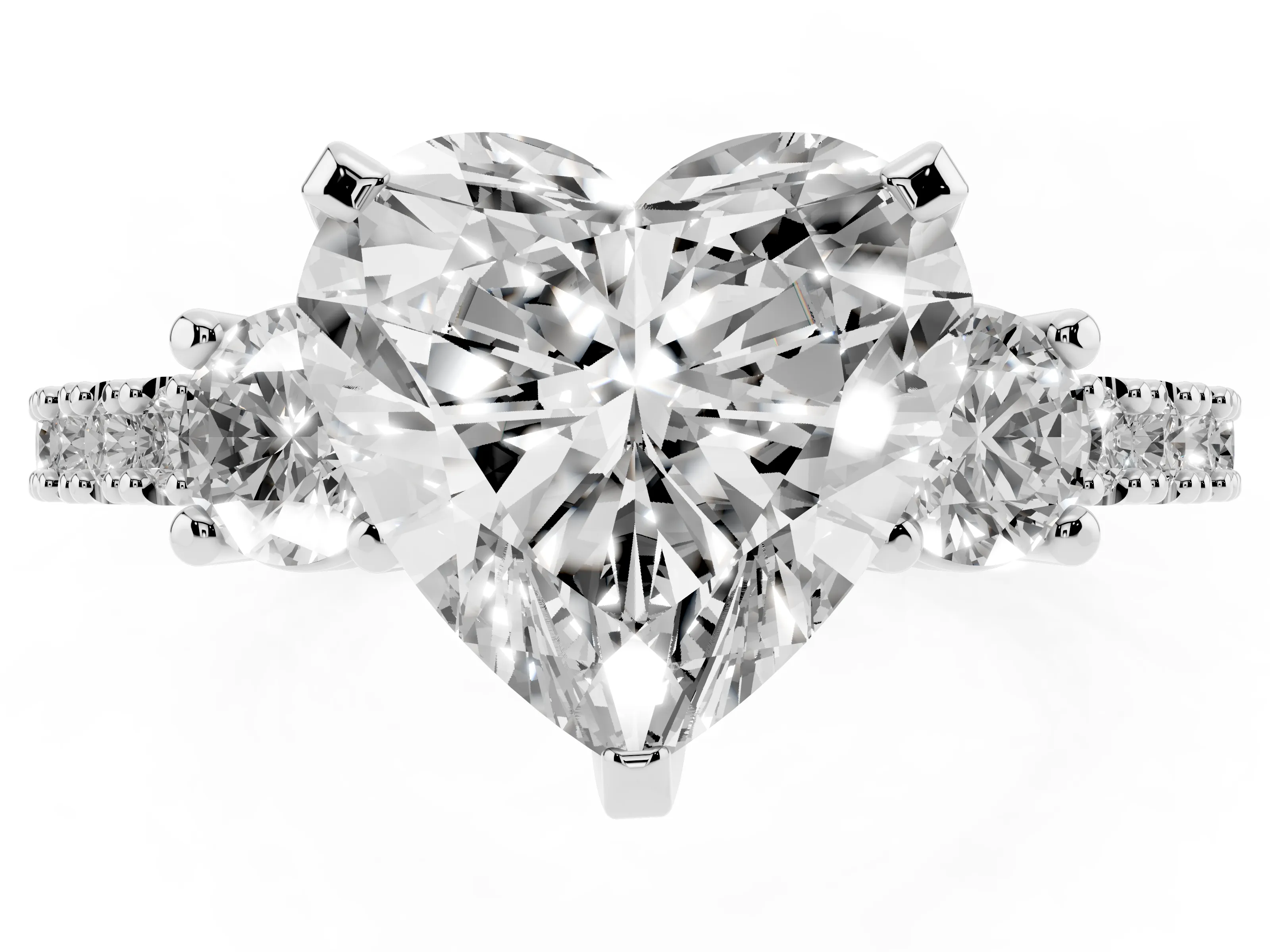 Three-Stone Heart Cut Diamond Pavé Band Ring Set in Platinum with Prong Setting