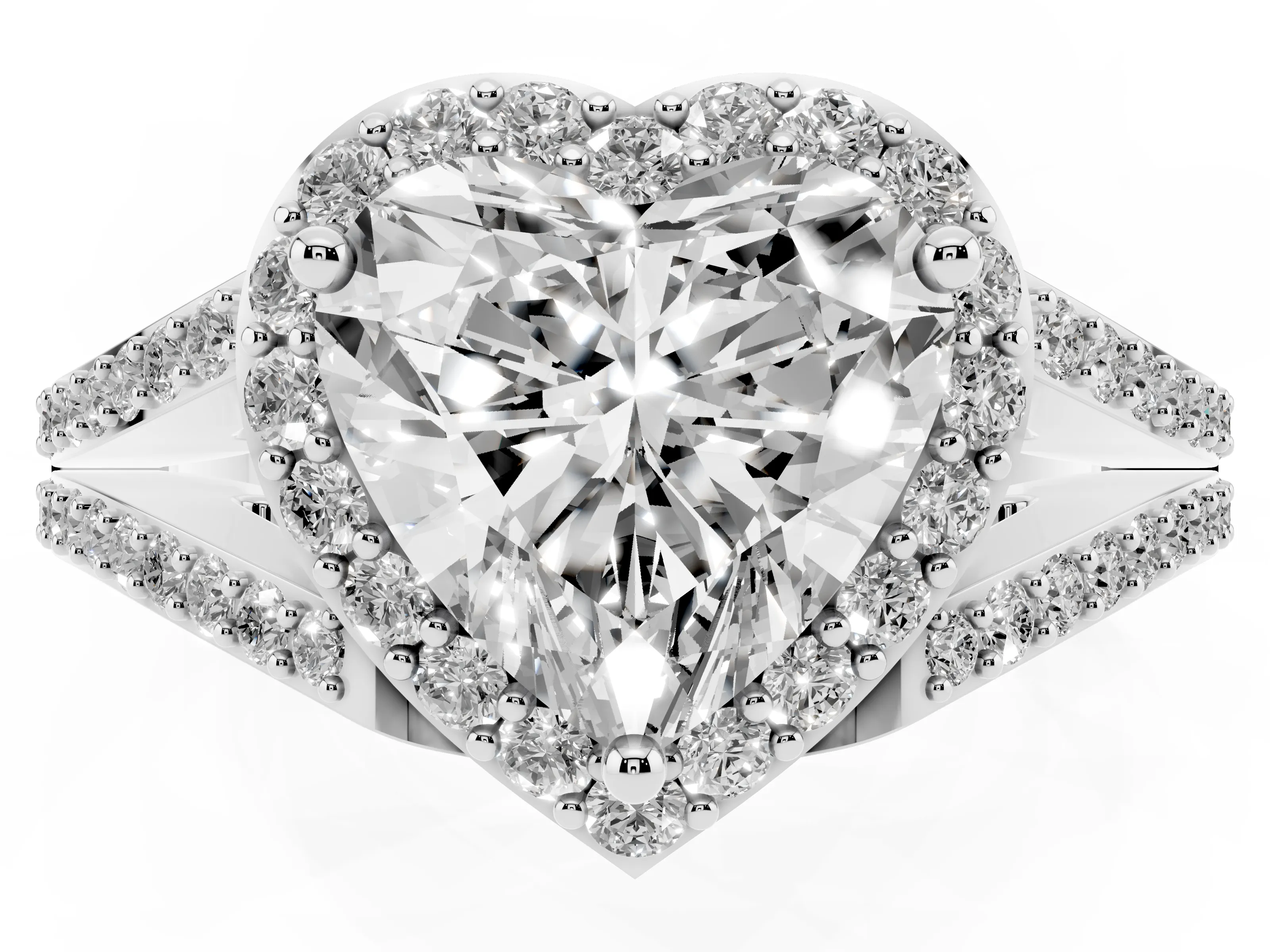 Heart Cut Diamond Halo Split Shank Pavé Ring Set in Silver with Prong Setting