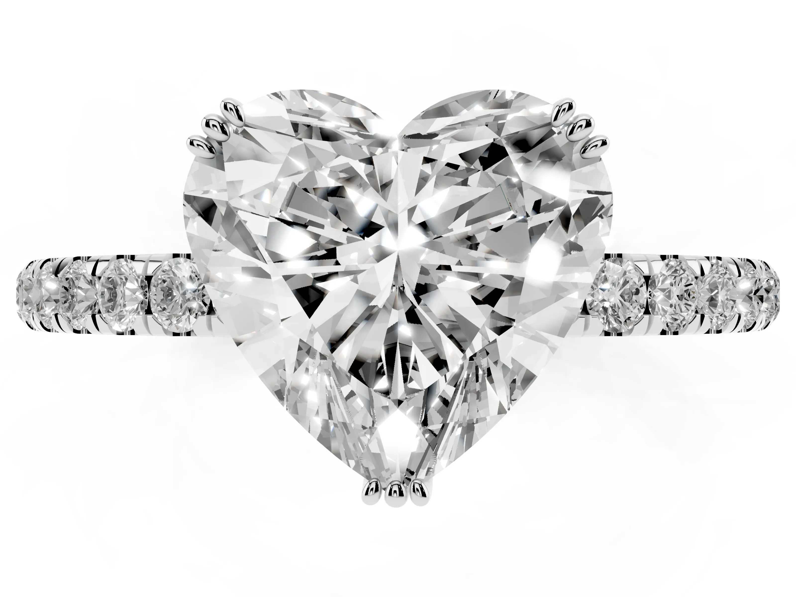 Heart Cut Diamond Brilliant Solitaire Set in White gold with Pavé Band and Claw Prong Setting