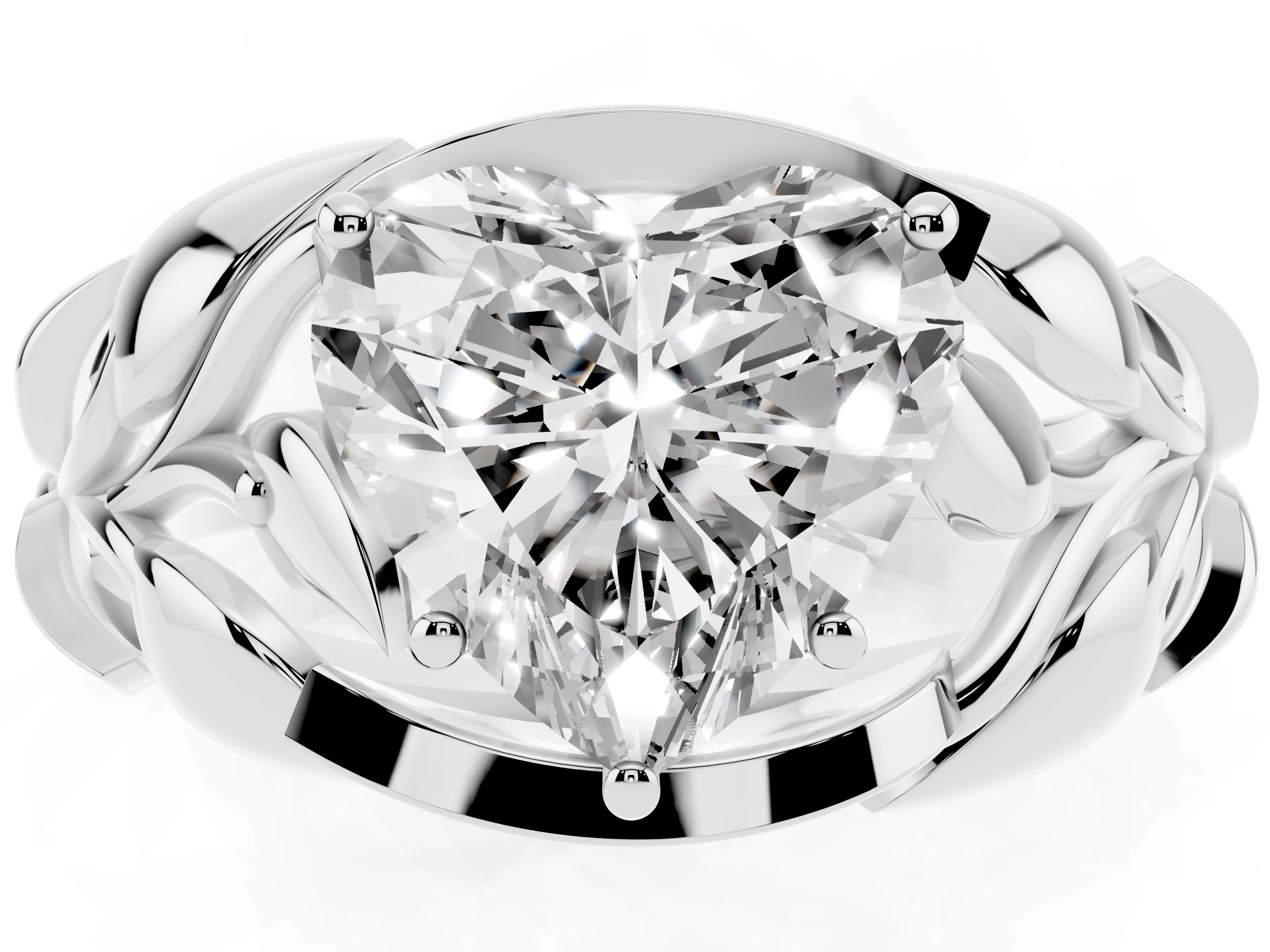 Heart Cut Diamond Leaf-Inspired Engagement Ring Set in Platinum with Round Accents