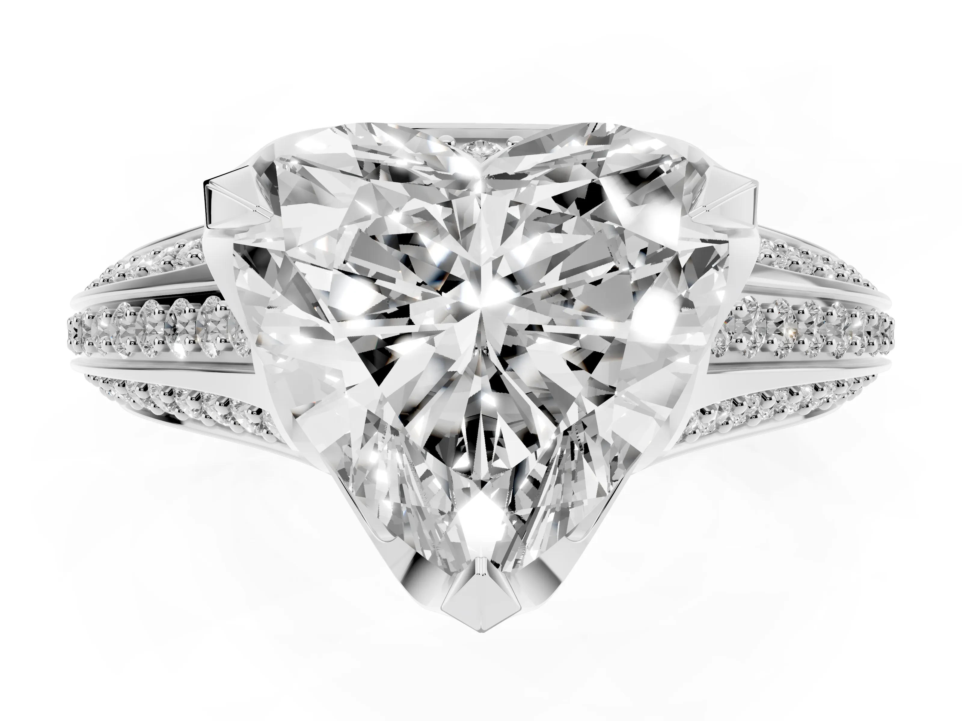 Heart Cut Diamond Pavé Split Shank Solitaire Ring Set in Platinum with Prong Setting