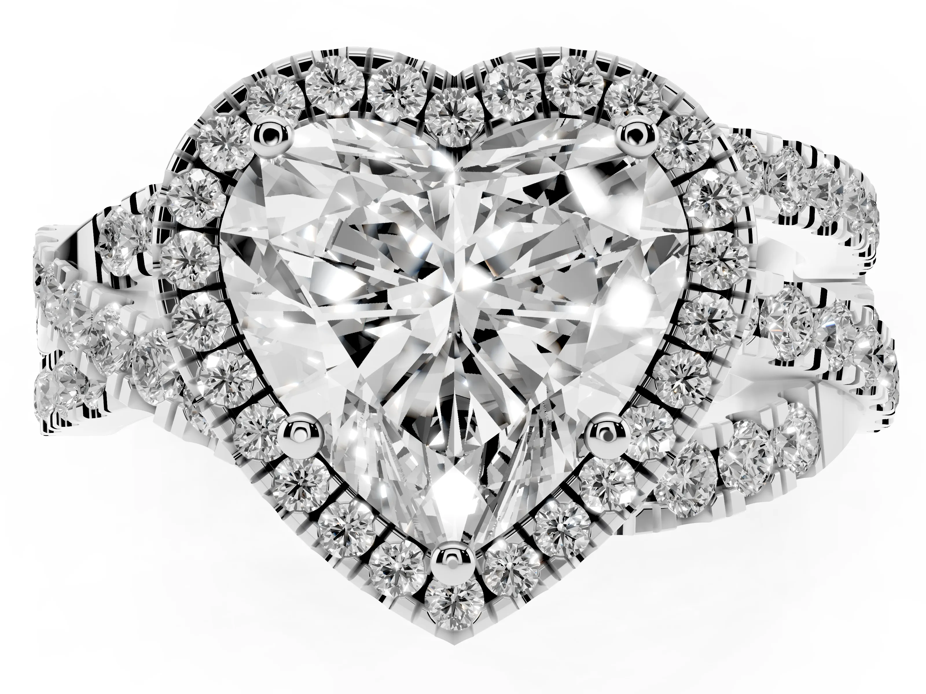 Heart Cut Diamond Halo Ring Set in Platinum with Round Crossover Split Shank and Prong Setting