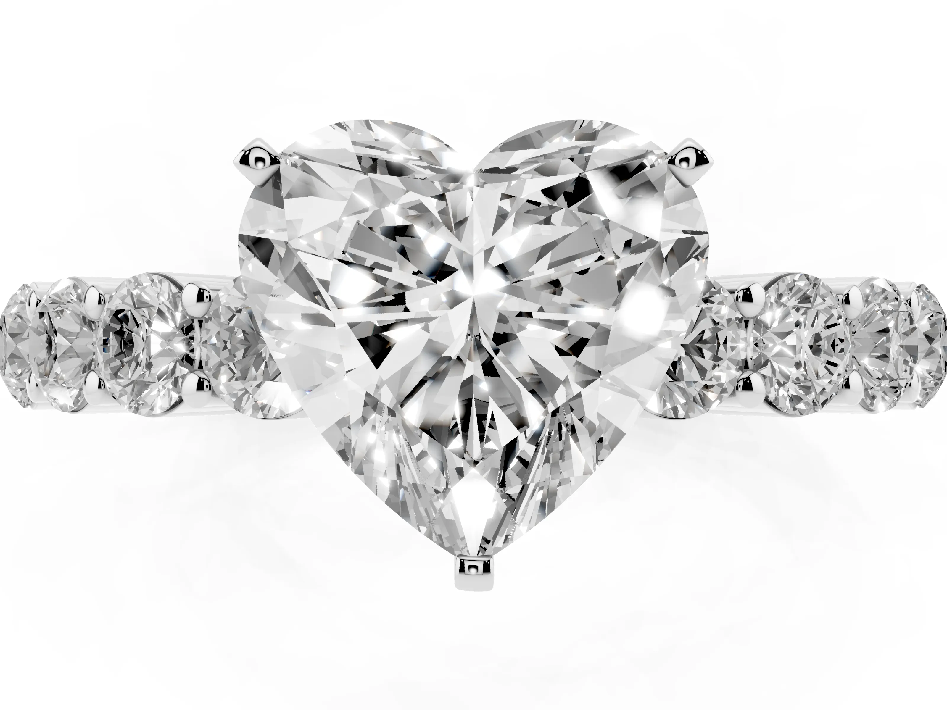 Heart Cut Diamond Solitaire Ring Set in White gold with Shared Prong Round Side Stones