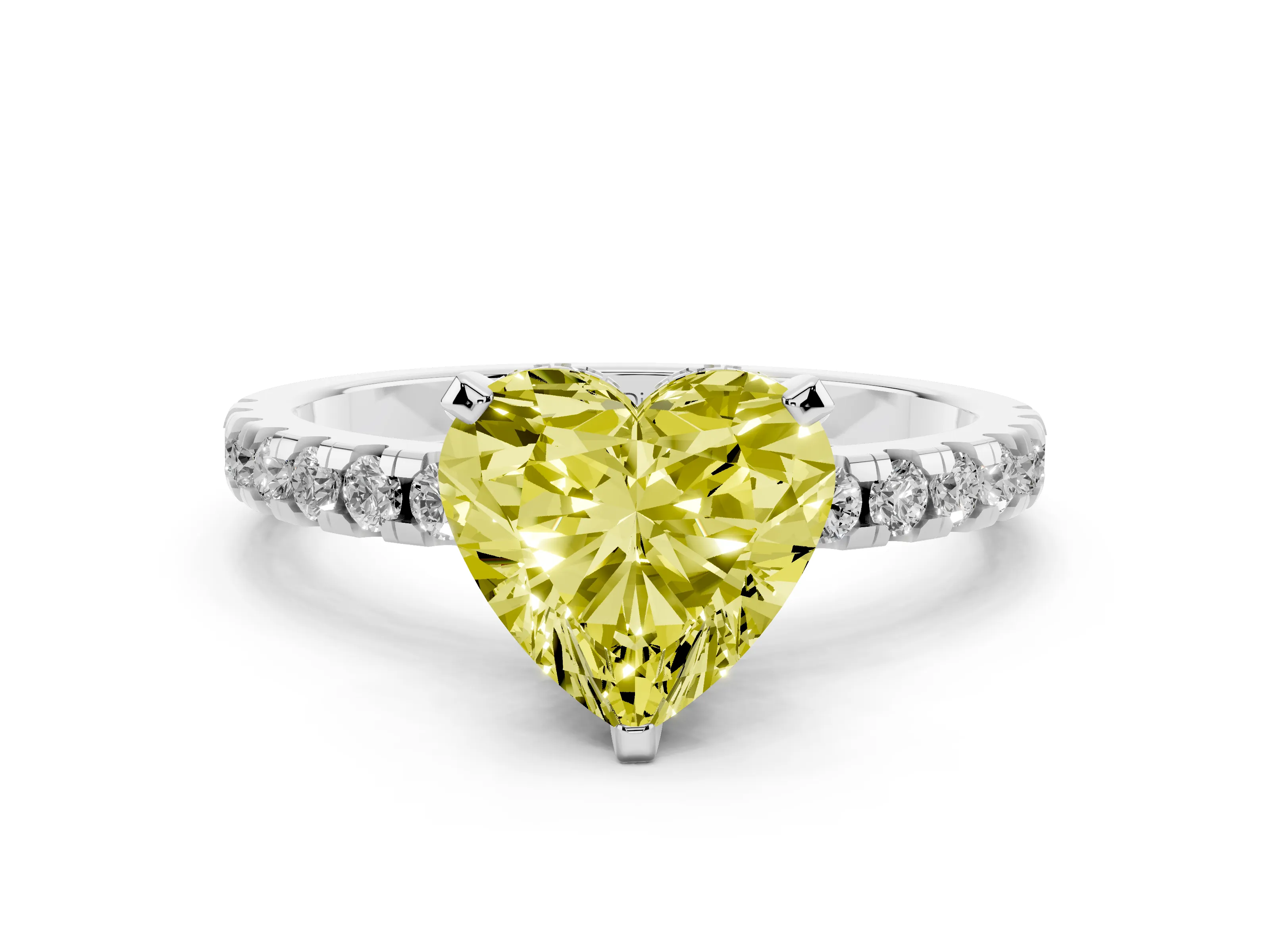Fancy Yellow Heart Cut Diamond Pavé Solitaire Ring Set in White gold with Round Band Accents and Prong Setting
