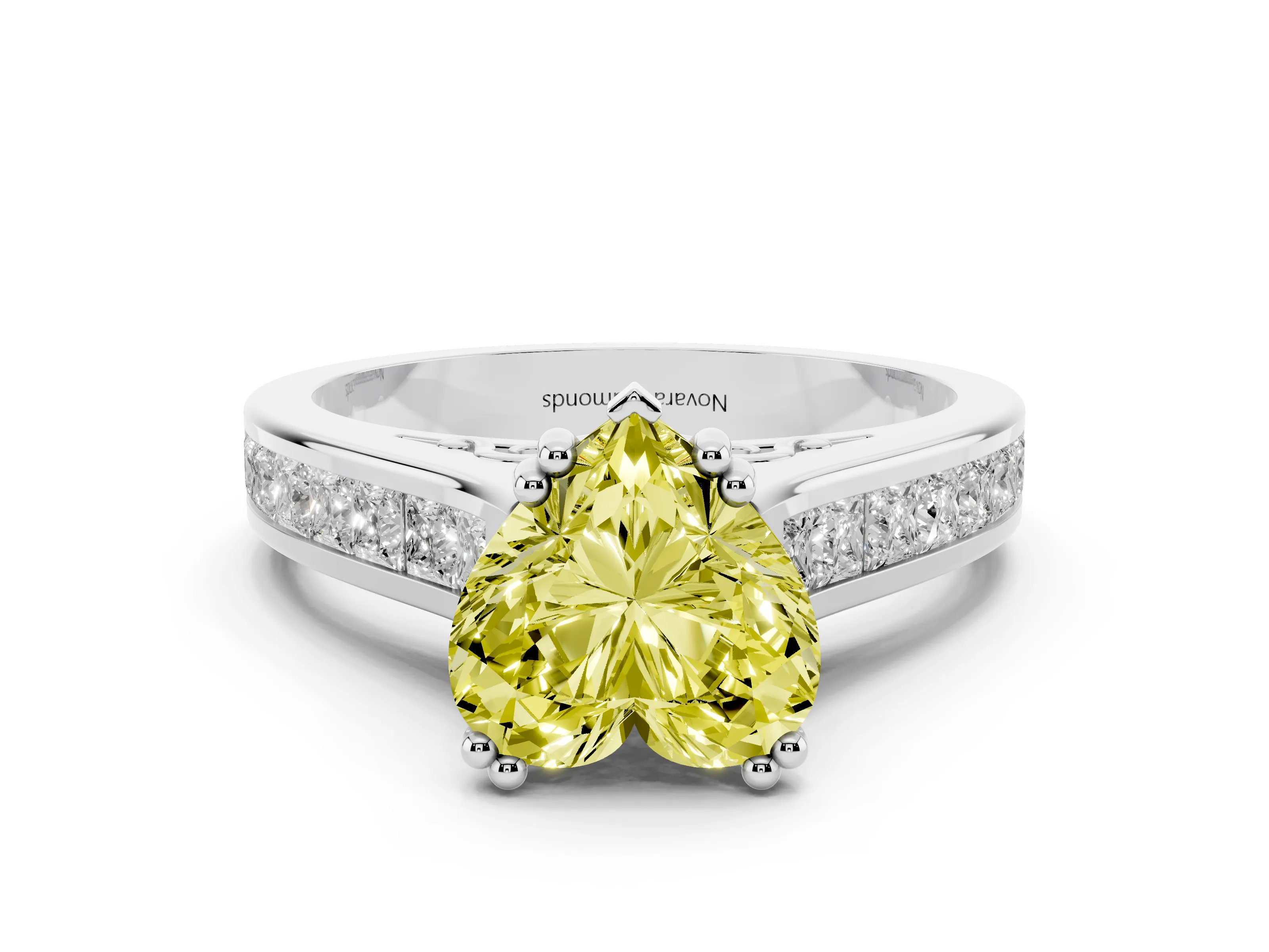 Fancy Yellow Heart Cut Diamond Channel Set Solitaire Engagement Ring Set in Platinum with Prong Setting