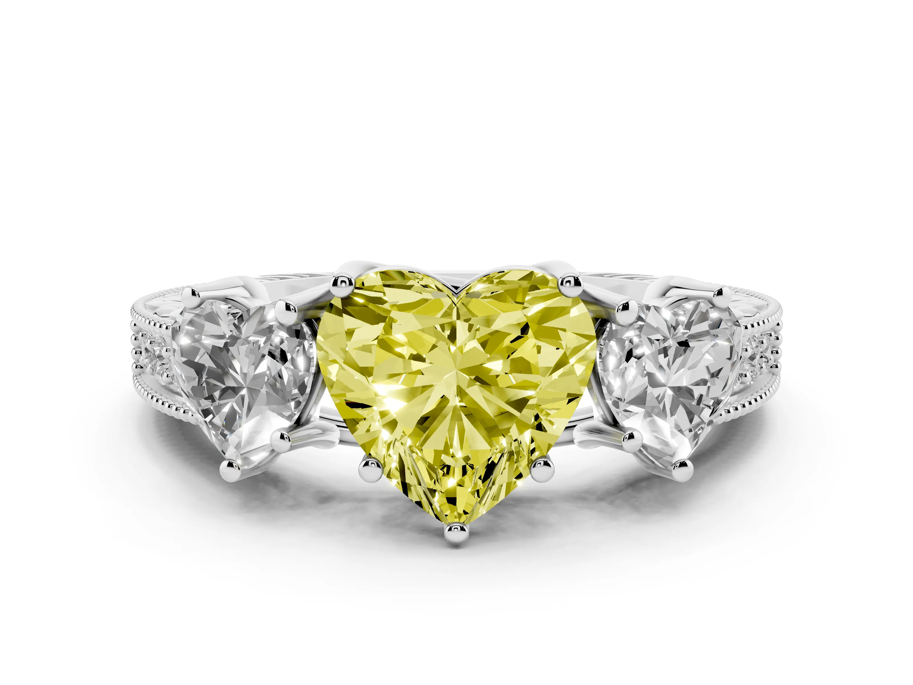 Fancy Yellow Heart Cut Diamond Three-Stone Engagement Ring Set in Silver with Milgrain Pavé Band