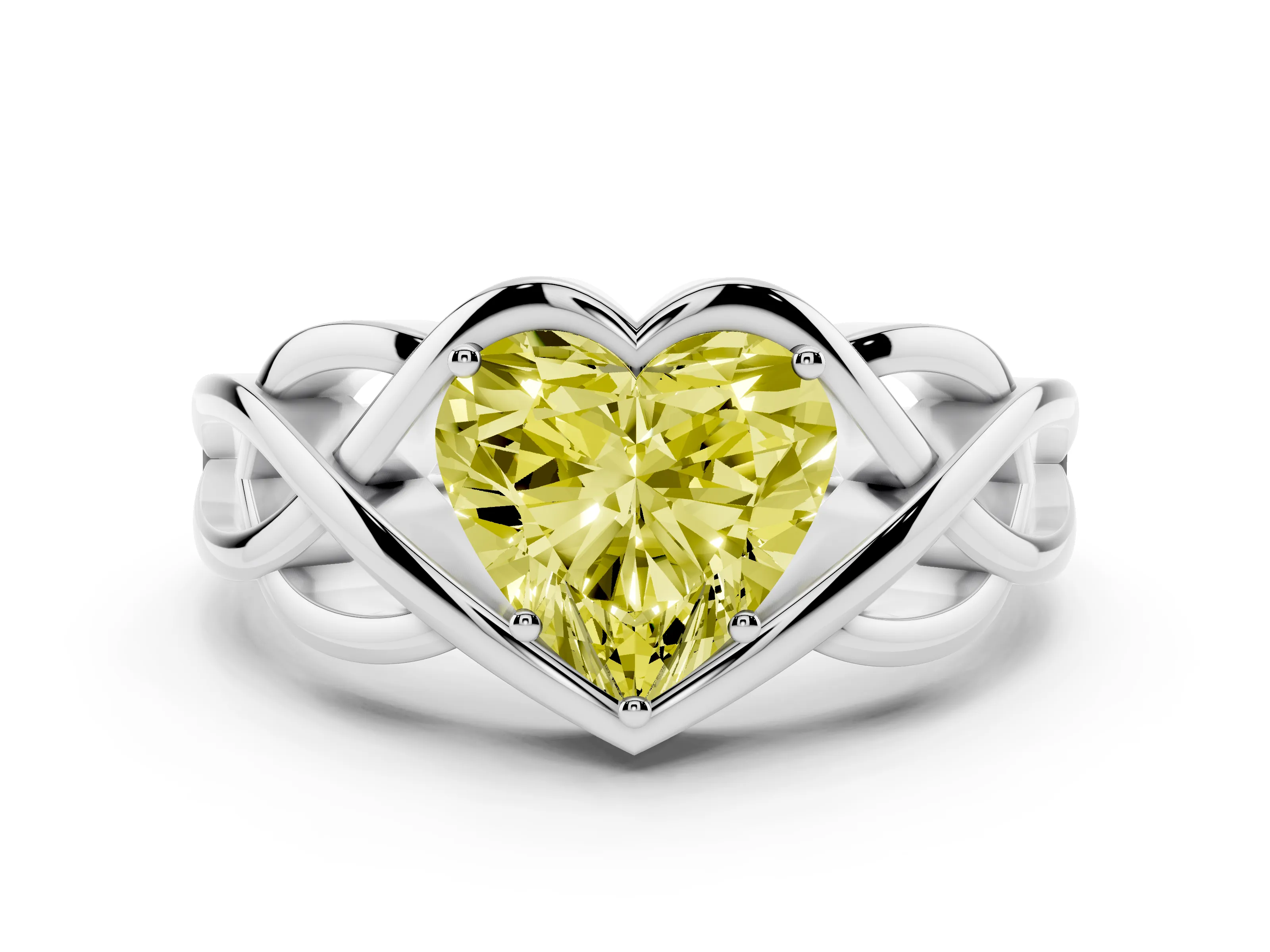 Fancy Yellow Heart Cut Diamond Solitaire Ring Set in White gold with Intertwined Band