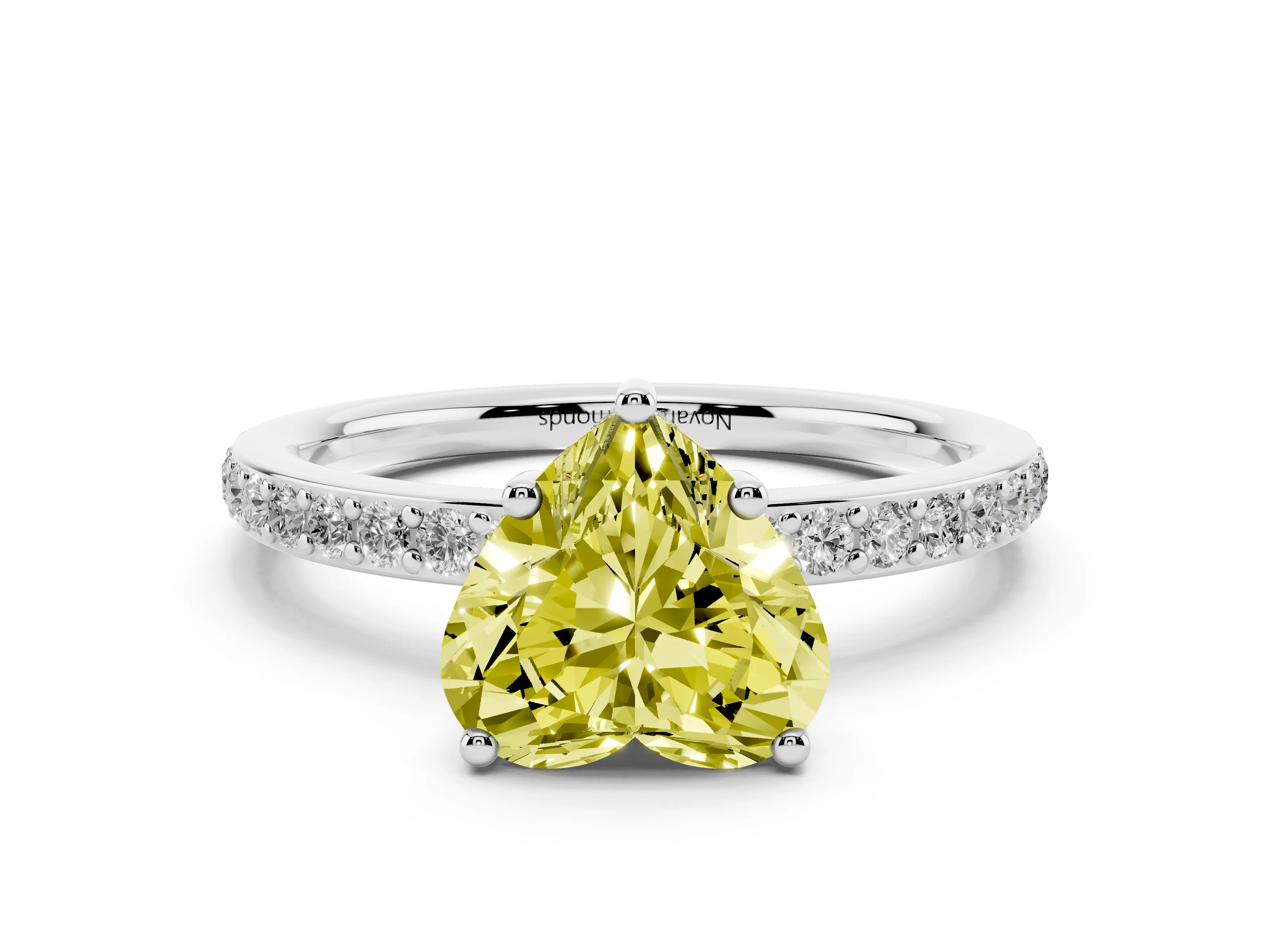 Fancy Yellow Heart Cut Diamond Pavé Band Ring Set in White gold with Prong-Set Center Stone