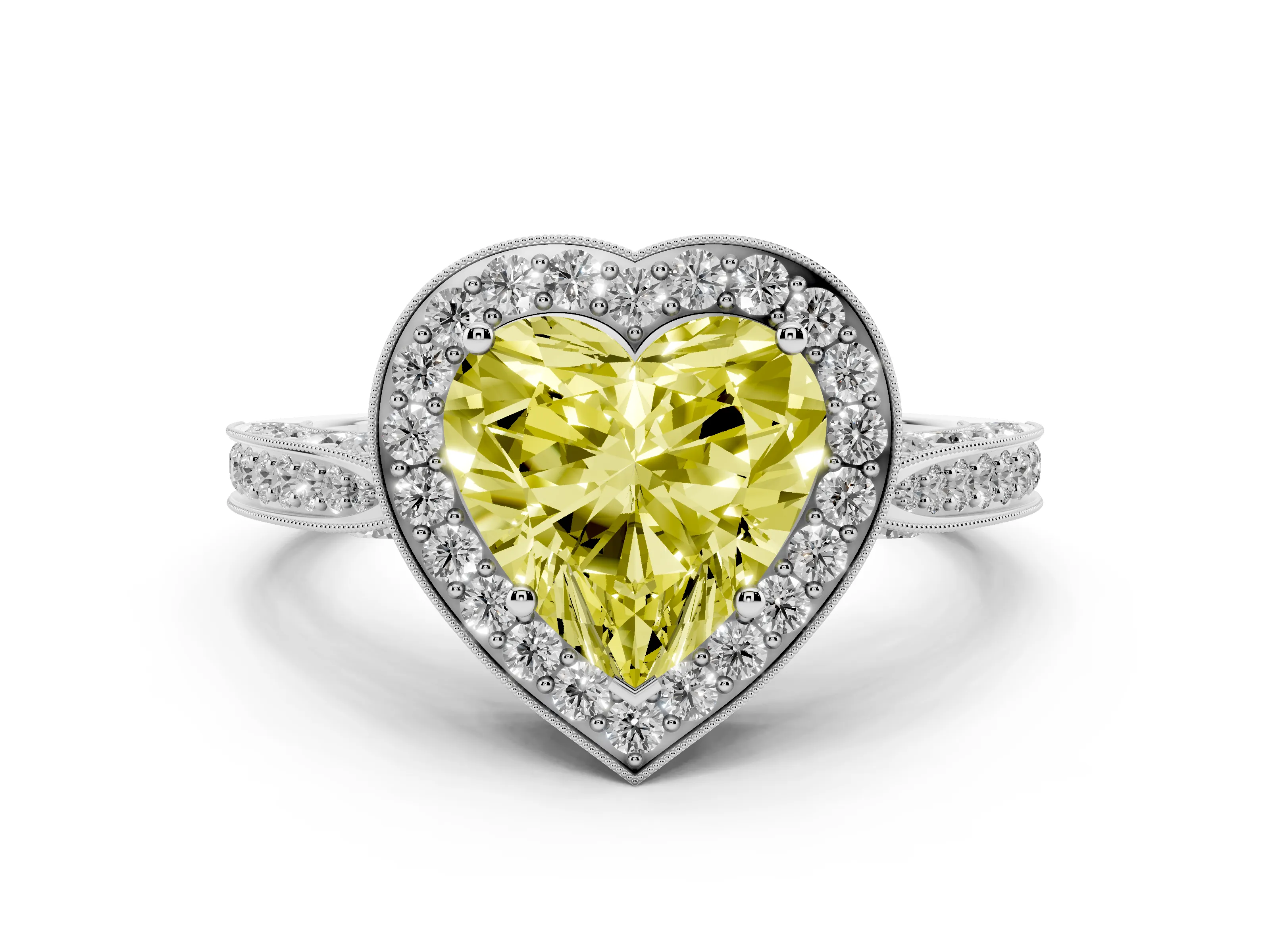 Fancy Yellow Heart Cut Diamond Halo Engagement Ring Set in White gold with Accent Split Shank Band