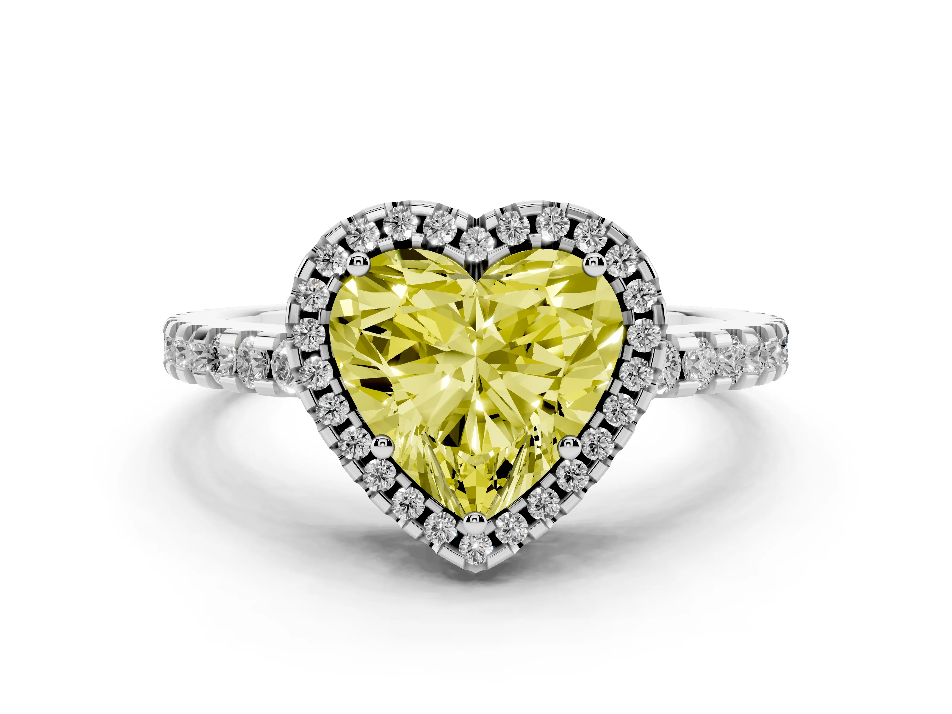 Fancy Yellow Heart Cut Diamond Halo Ring Set in Platinum with Pavé Shoulders and Halo-Framed Center
