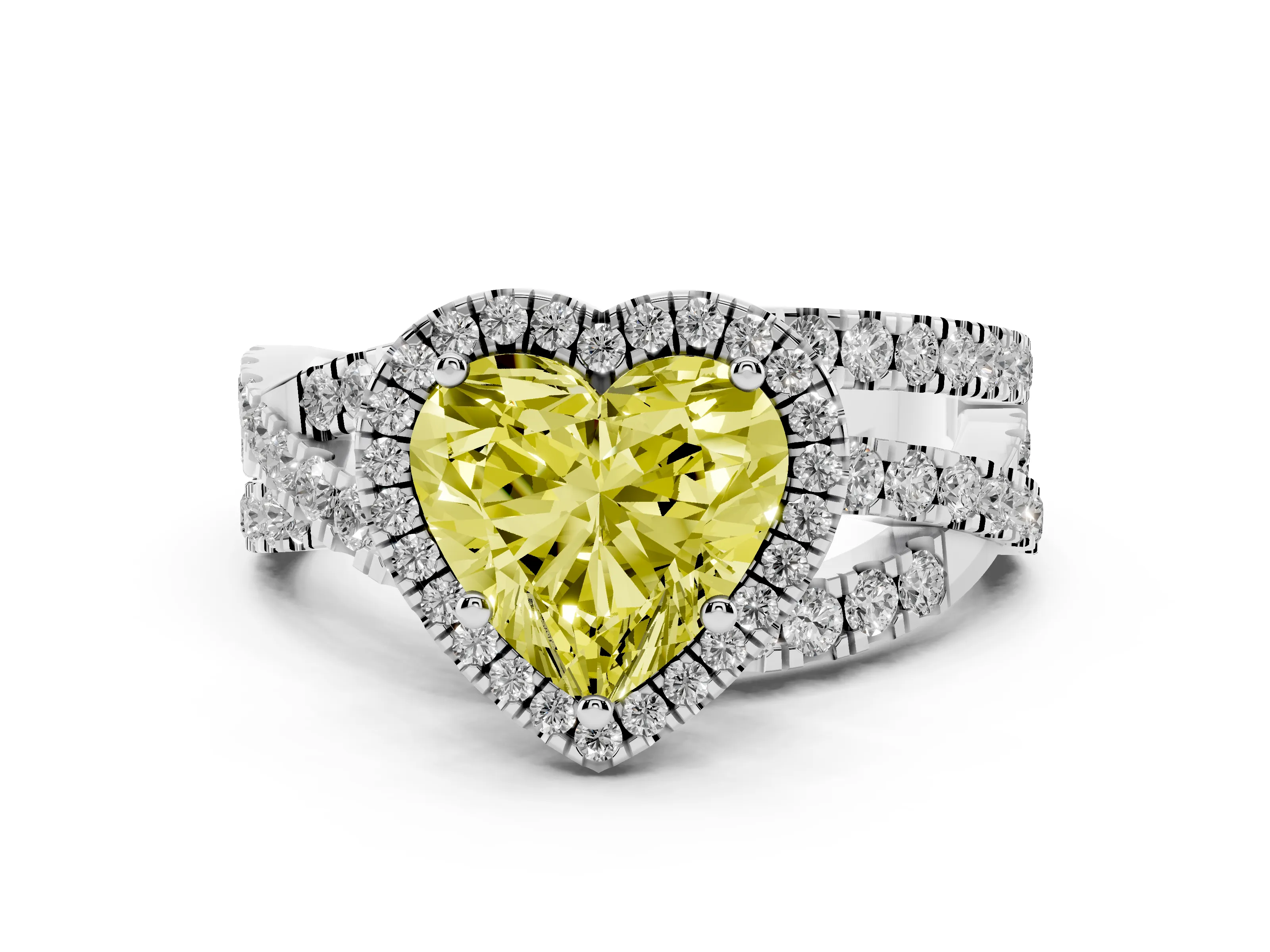 Fancy Yellow Heart Cut Diamond Halo Ring Set in White gold with Round Crossover Split Shank and Prong Setting
