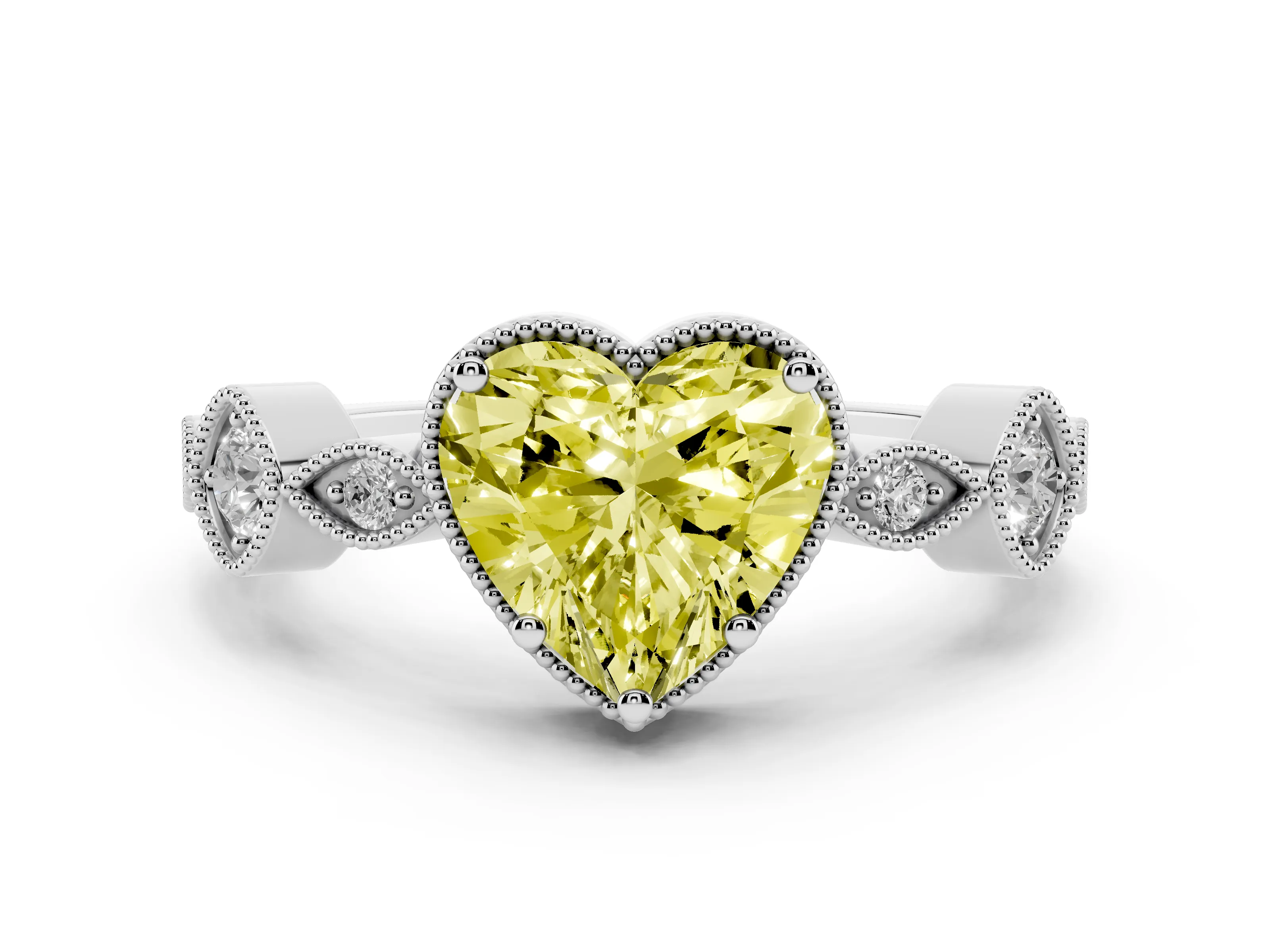 Fancy Yellow Heart Cut Diamond Vintage-Inspired Milgrain Ring Set in White gold with Marquise Stations of Round Accents